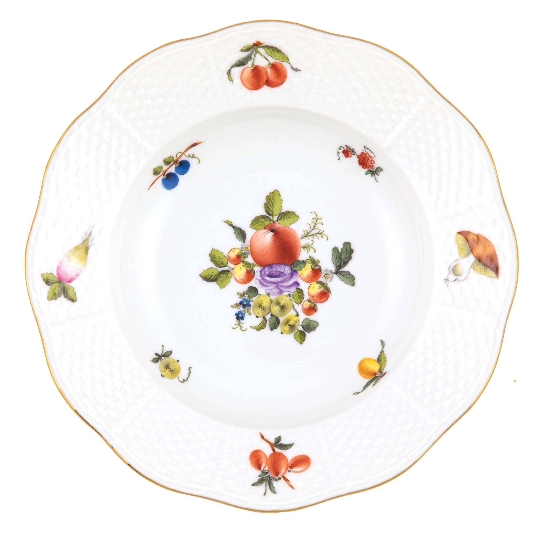 Hand-painted Herend Fruits and Flowers Rim Soup Plate Soup Plates & Rimmed Soup Bowl in fine porcelain, 8in D,, Motif 11, on a white background