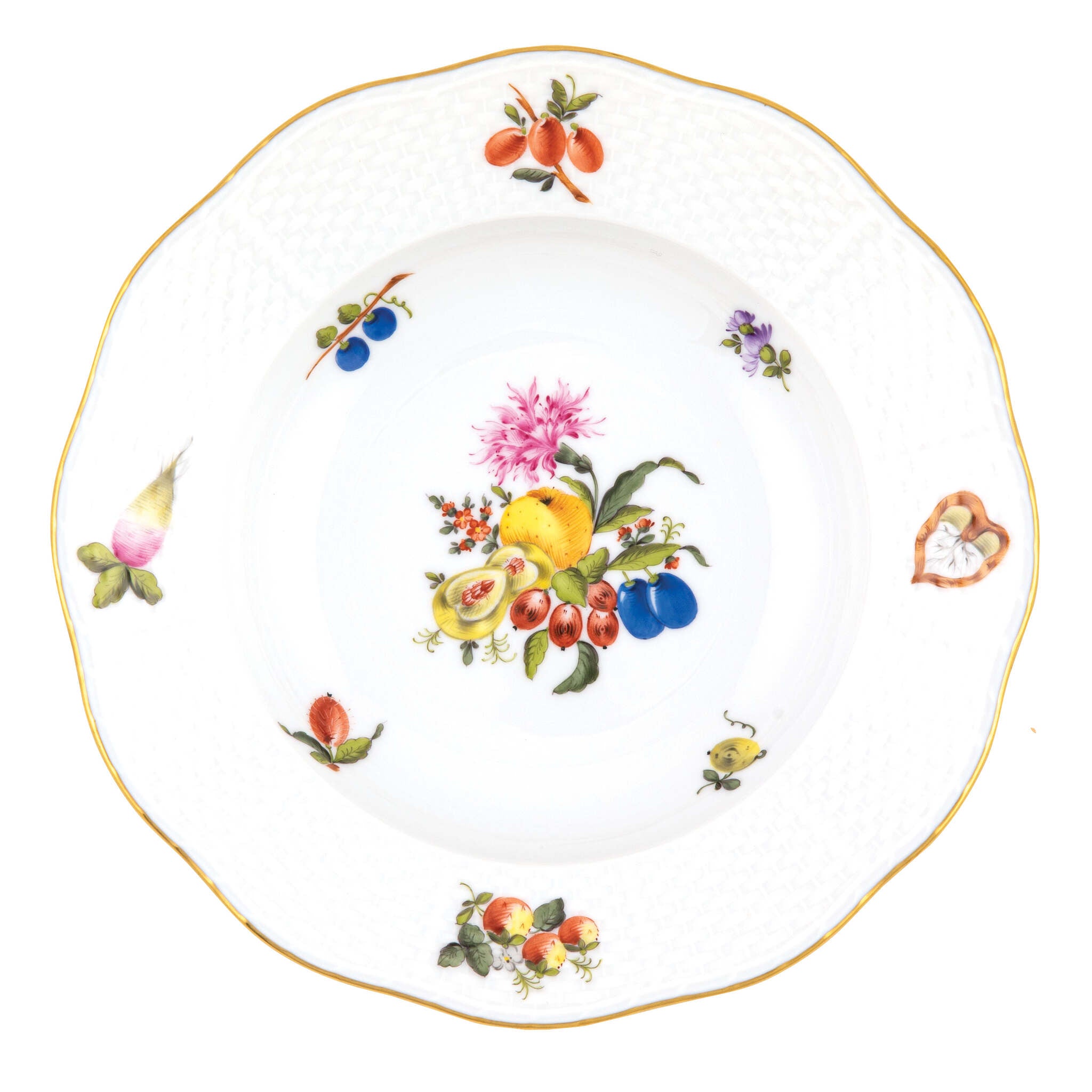 Hand-painted Herend Fruits and Flowers Rim Soup Plate Soup Plates & Rimmed Soup Bowl in fine porcelain, 8in D,, Motif 5, on a white background