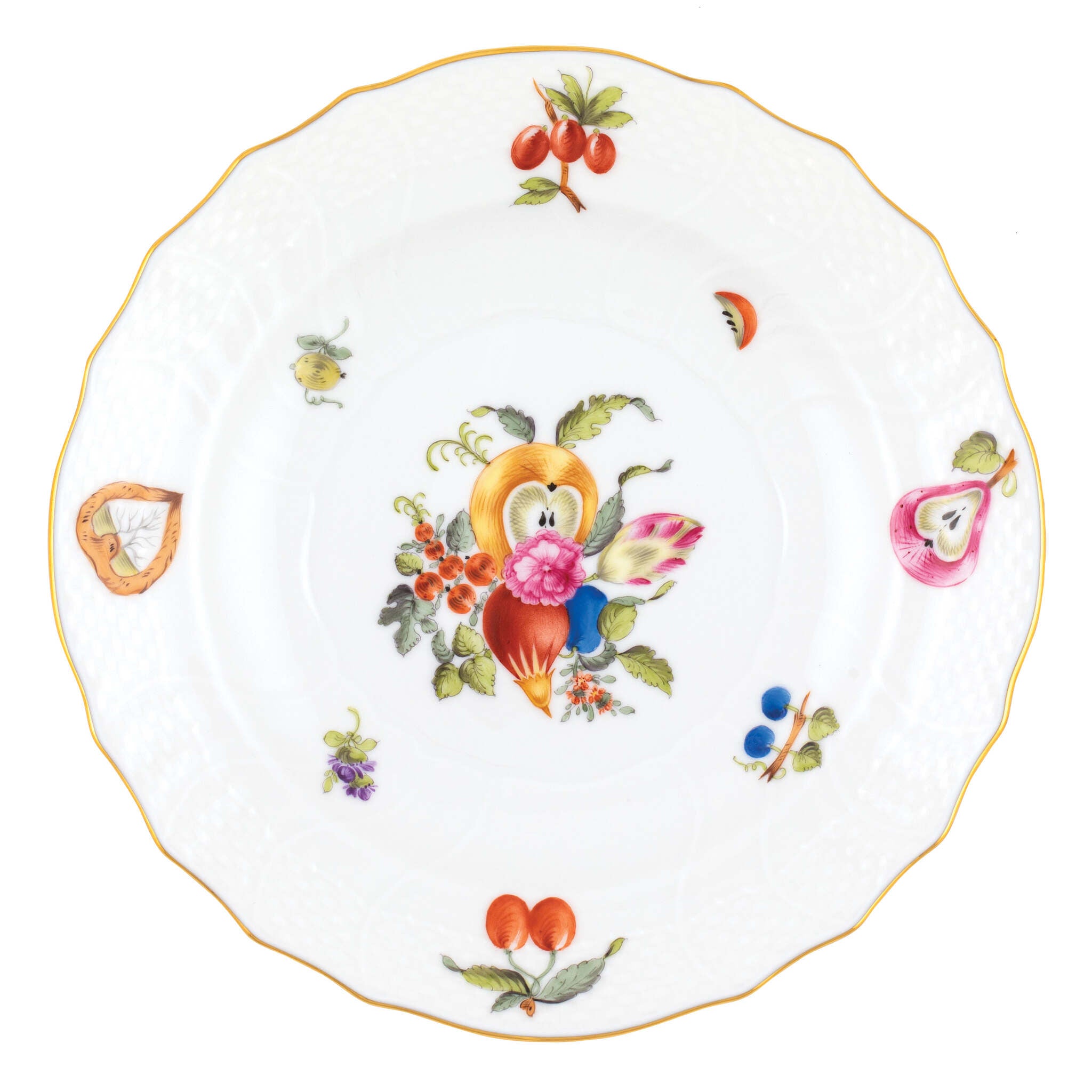 Hand-painted Herend Fruits and Flowers Salad Plate in fine porcelain, 7.5in D,, Motif 2, on a white background