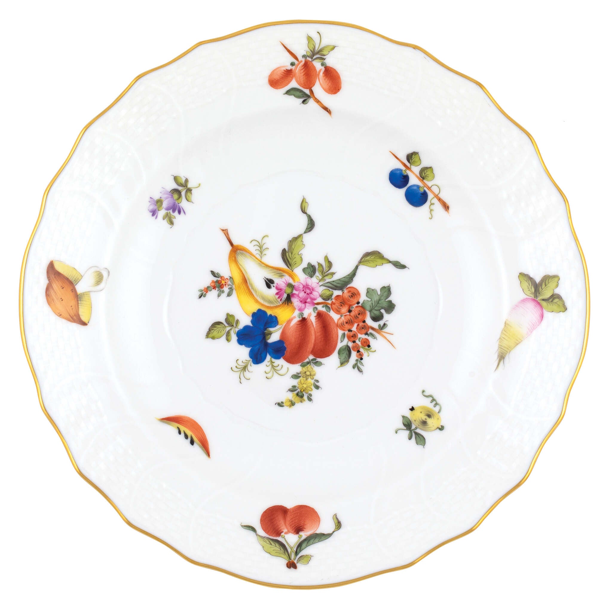Hand-painted Herend Fruits and Flowers Salad Plate in fine porcelain, 7.5in D,, Motif 3, on a white background