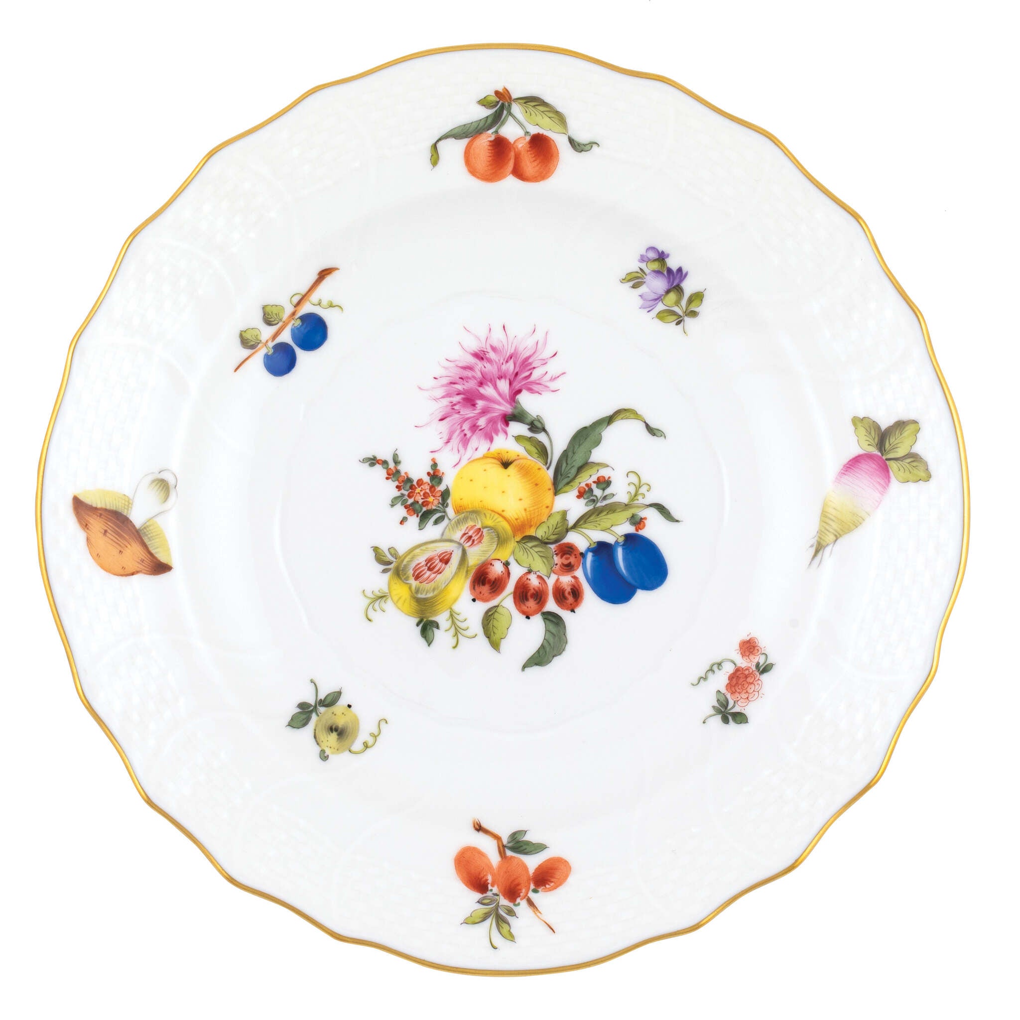 Hand-painted Herend Fruits and Flowers Salad Plate in fine porcelain, 7.5in D,, Motif 5, on a white background