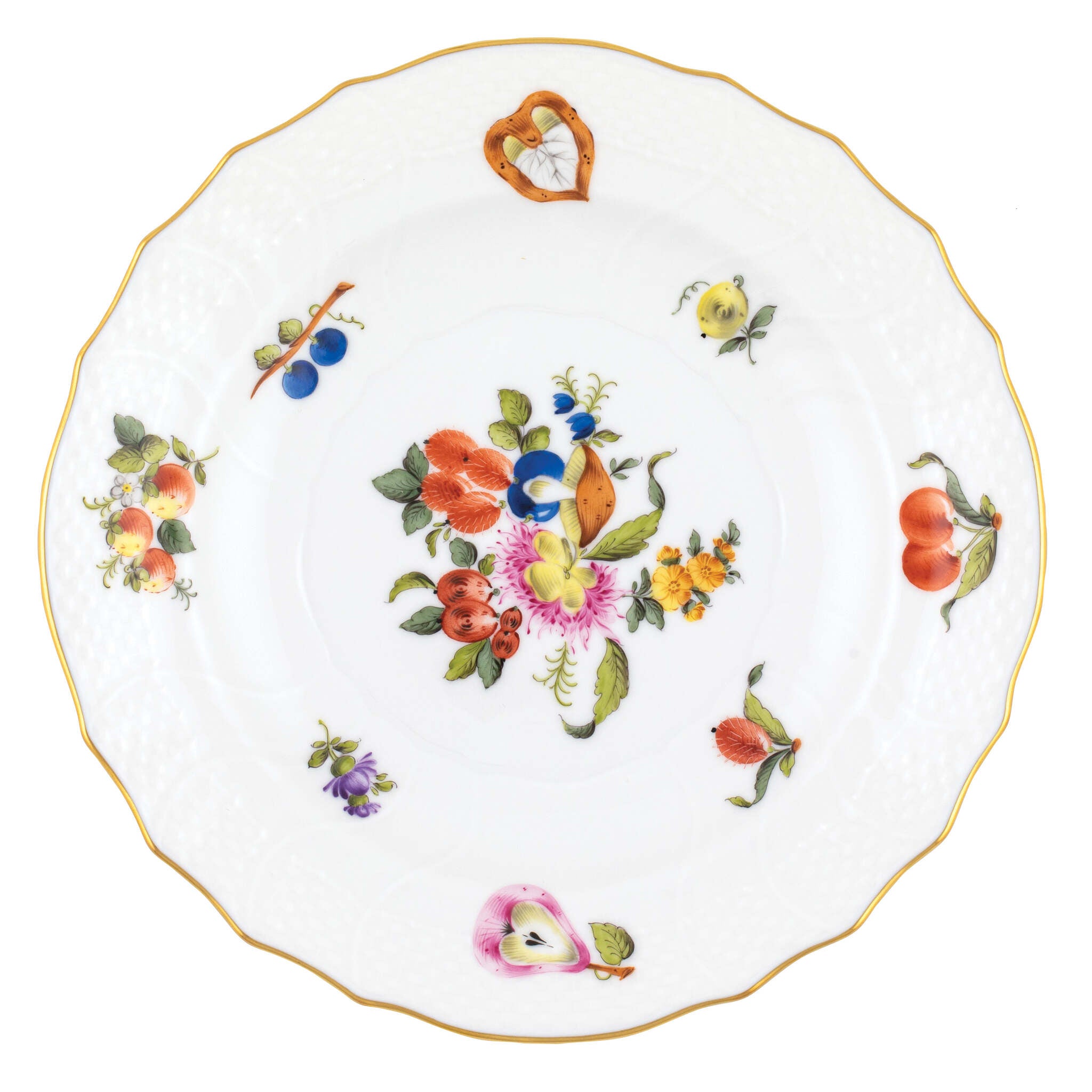 Hand-painted Herend Fruits and Flowers Salad Plate in fine porcelain, 7.5in D,, Motif 7, on a white background