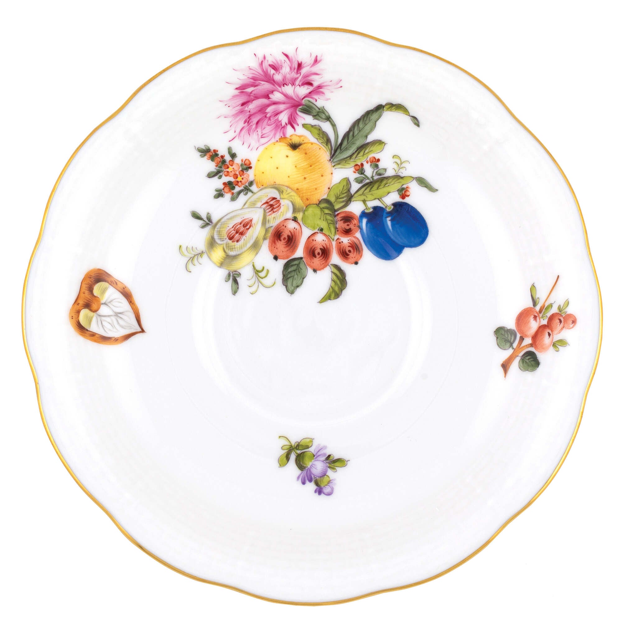 Hand-painted Herend Fruits and Flowers Tea Saucer Cup & Saucer Set in fine porcelain, 6in D,, Motif 5, on a white background