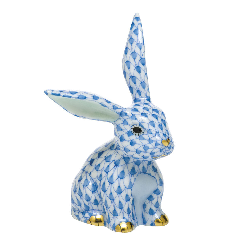 Hand-painted Herend Funny Bunny Figurine in Blue fishnet porcelain on a white background
