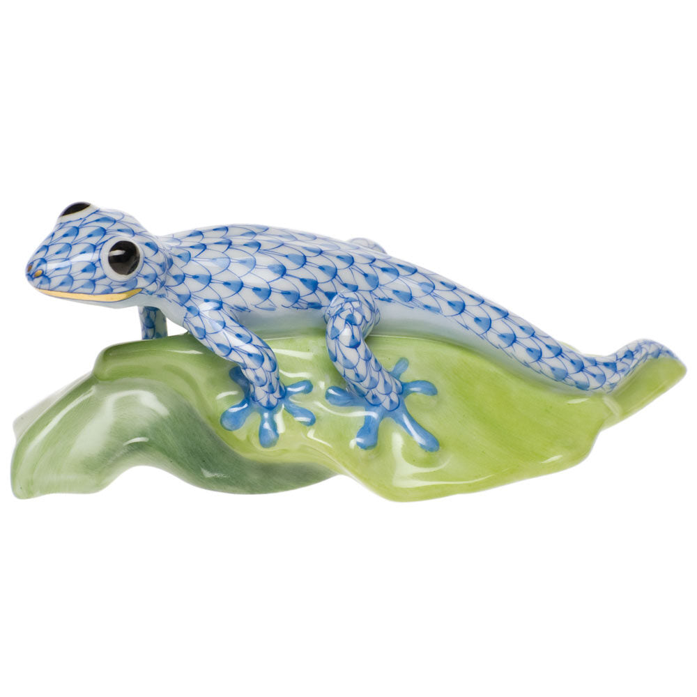 Hand-painted Herend Gecko on Leaf Figurine in fine porcelain, 4.5in L X 2in H, on a white background