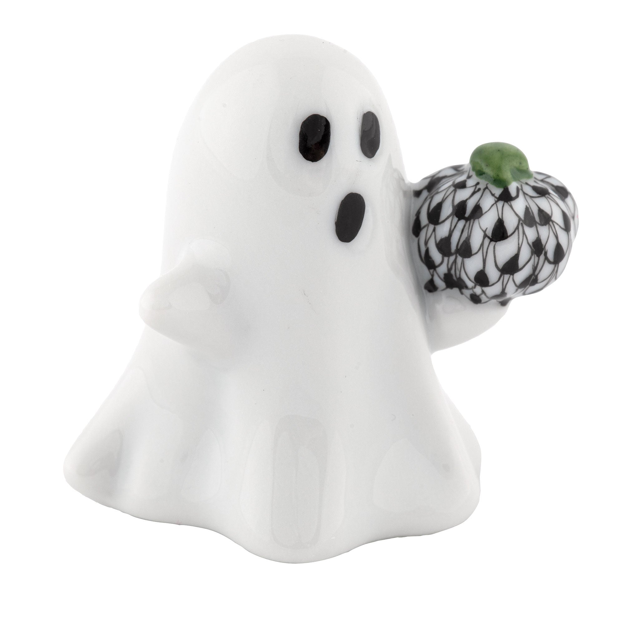 Herend Ghost with Pumpkin Figurine porcelain figurine painted in the Black fishnet pattern