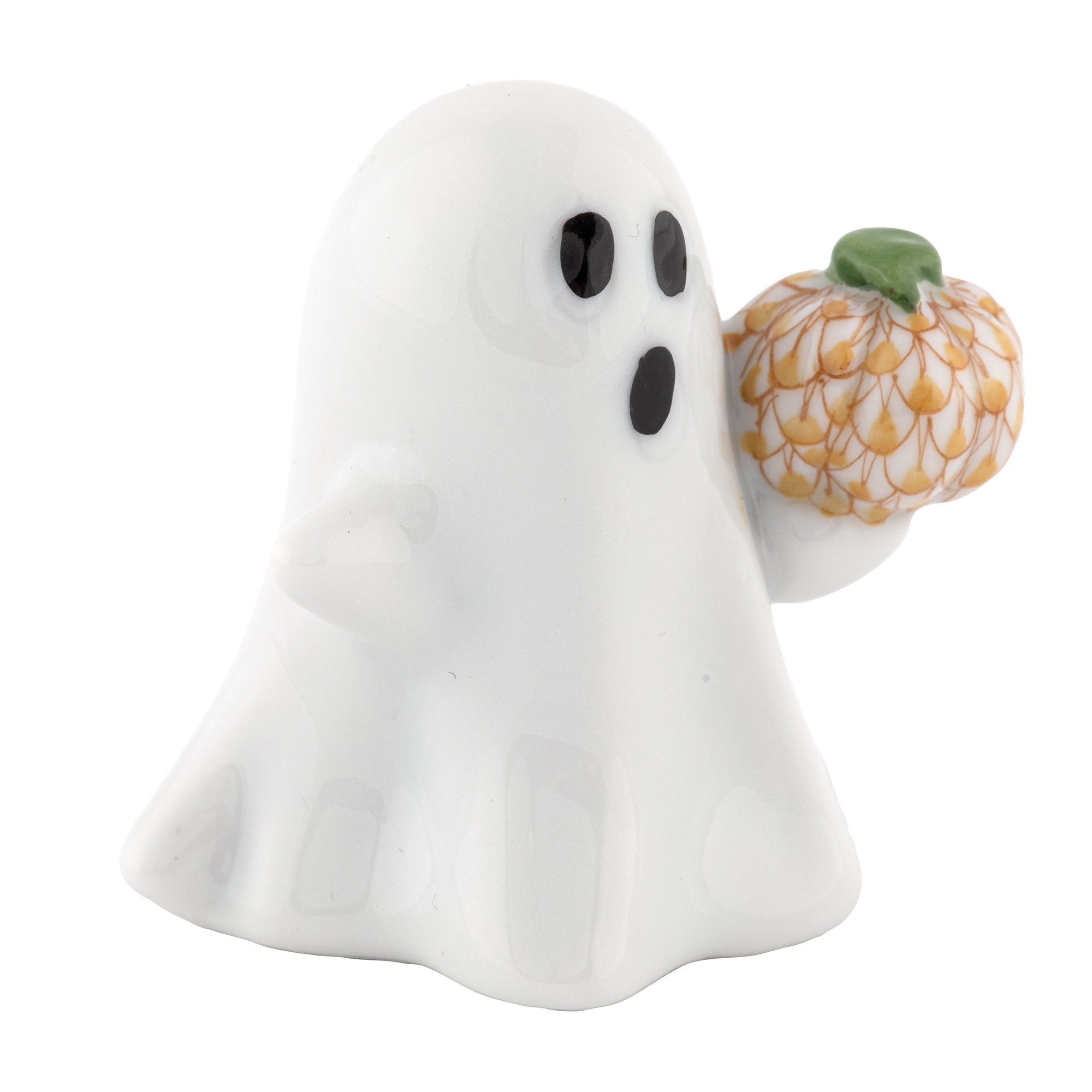 Butterscotch fishnet Ghost with Pumpkin Figurine figurine, hand-painted Herend porcelain with 24k gold accents