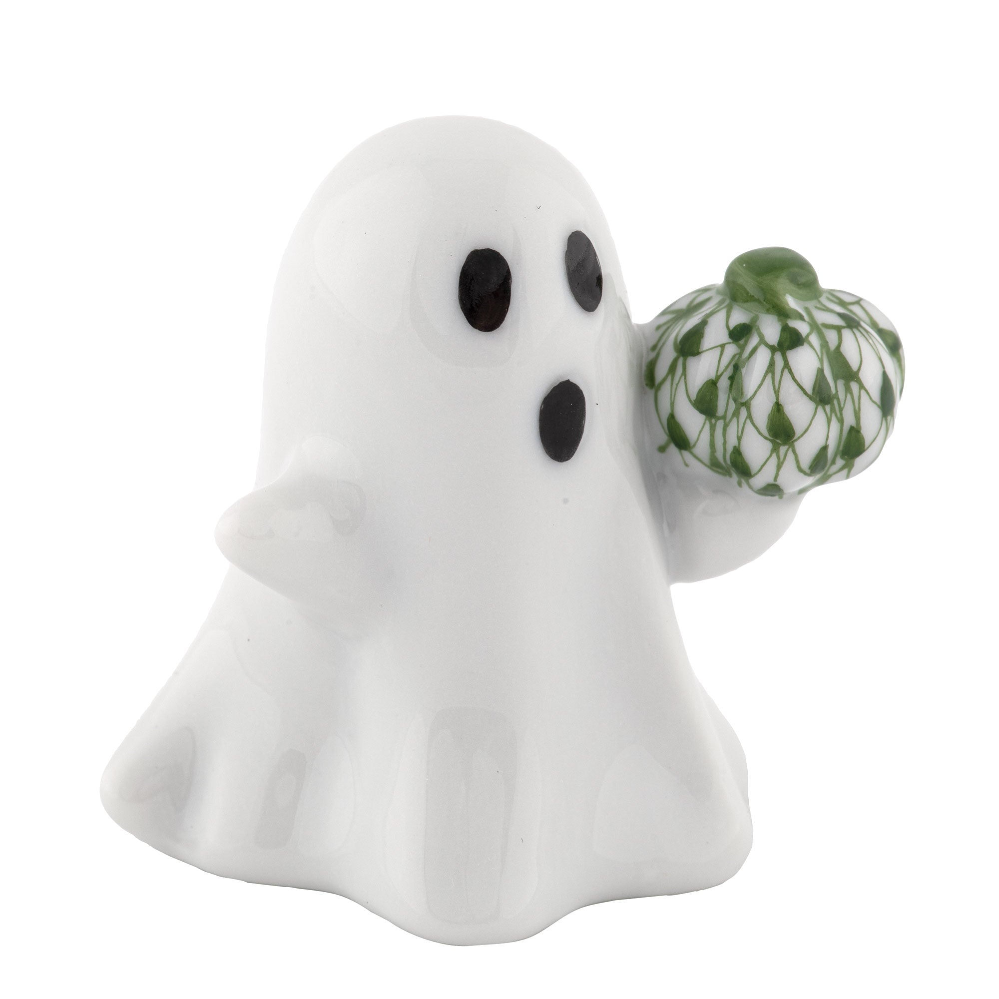 Hand-painted Herend Ghost with Pumpkin Figurine in Forest-Green fishnet porcelain on a white background