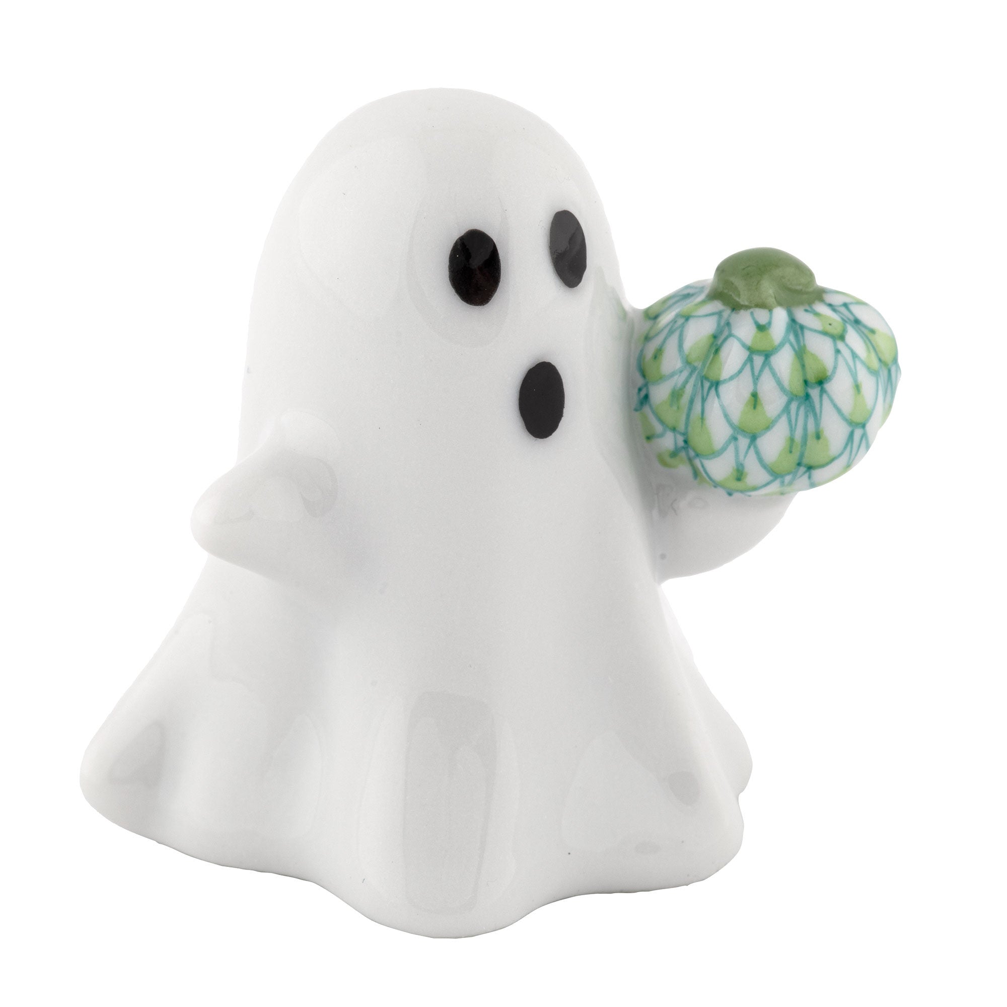 Hand-painted Herend Ghost with Pumpkin Figurine in Key Lime fishnet porcelain on a white background