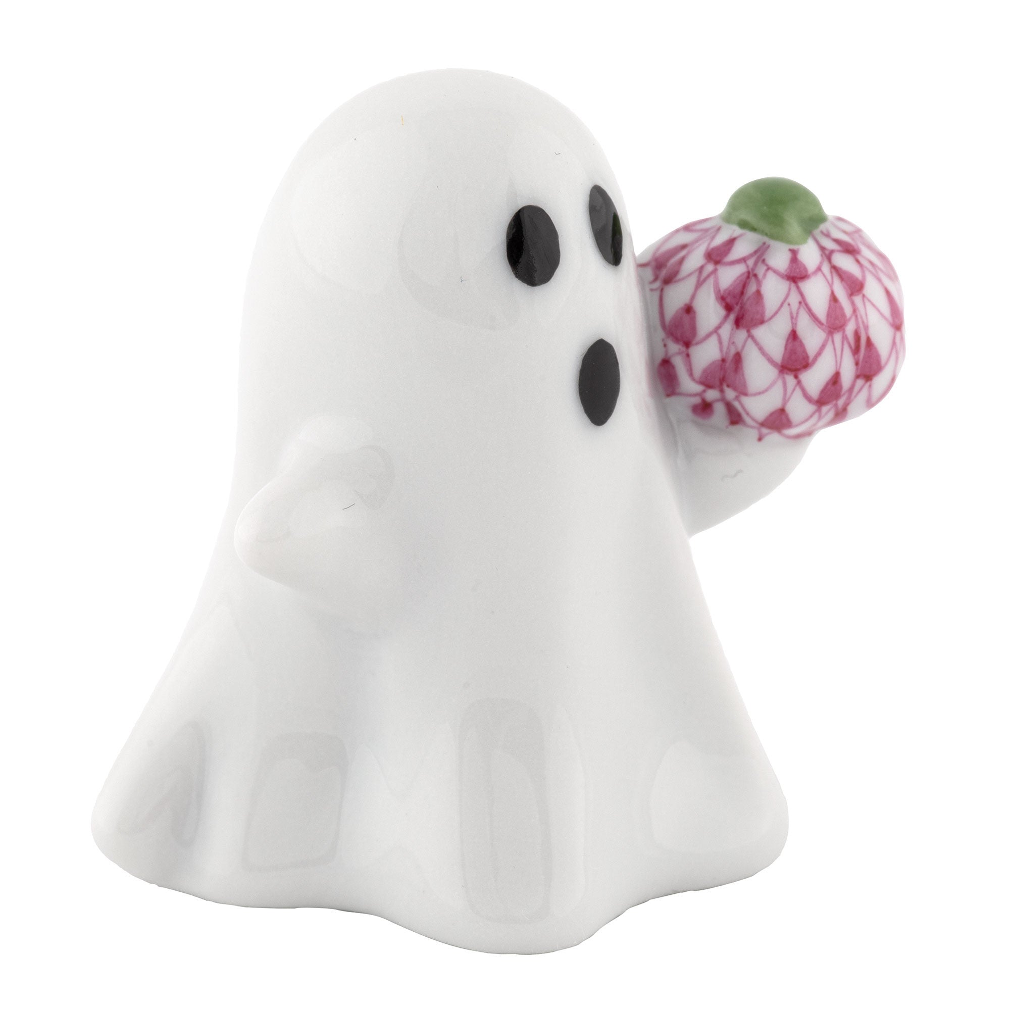 Ghost with Pumpkin Figurine in hand-painted Raspberry porcelain by Herend of Hungary