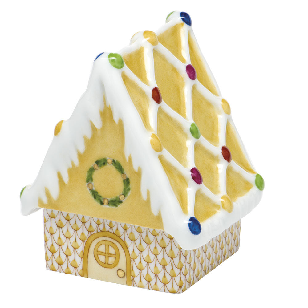 Hand-painted Herend Gingerbread House Figurine in Butterscotch fishnet porcelain on a white background