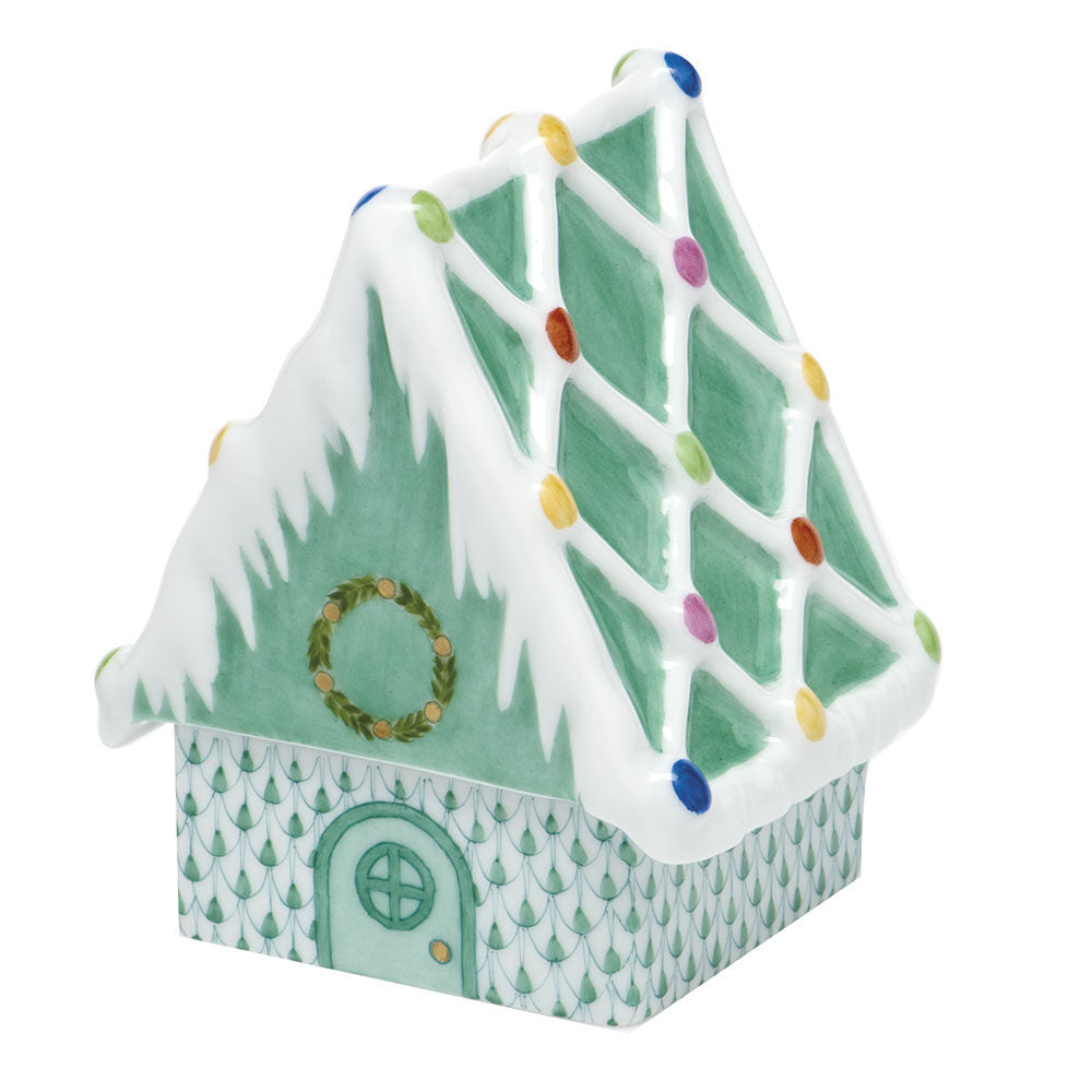 Gingerbread House Figurine in hand-painted Green porcelain by Herend of Hungary