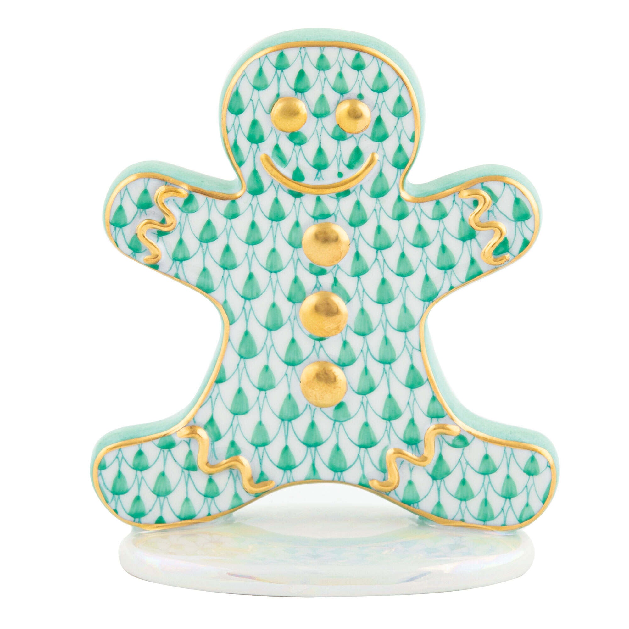 Hand-painted Herend Gingerbread Man Figurine in Green fishnet porcelain on a white background