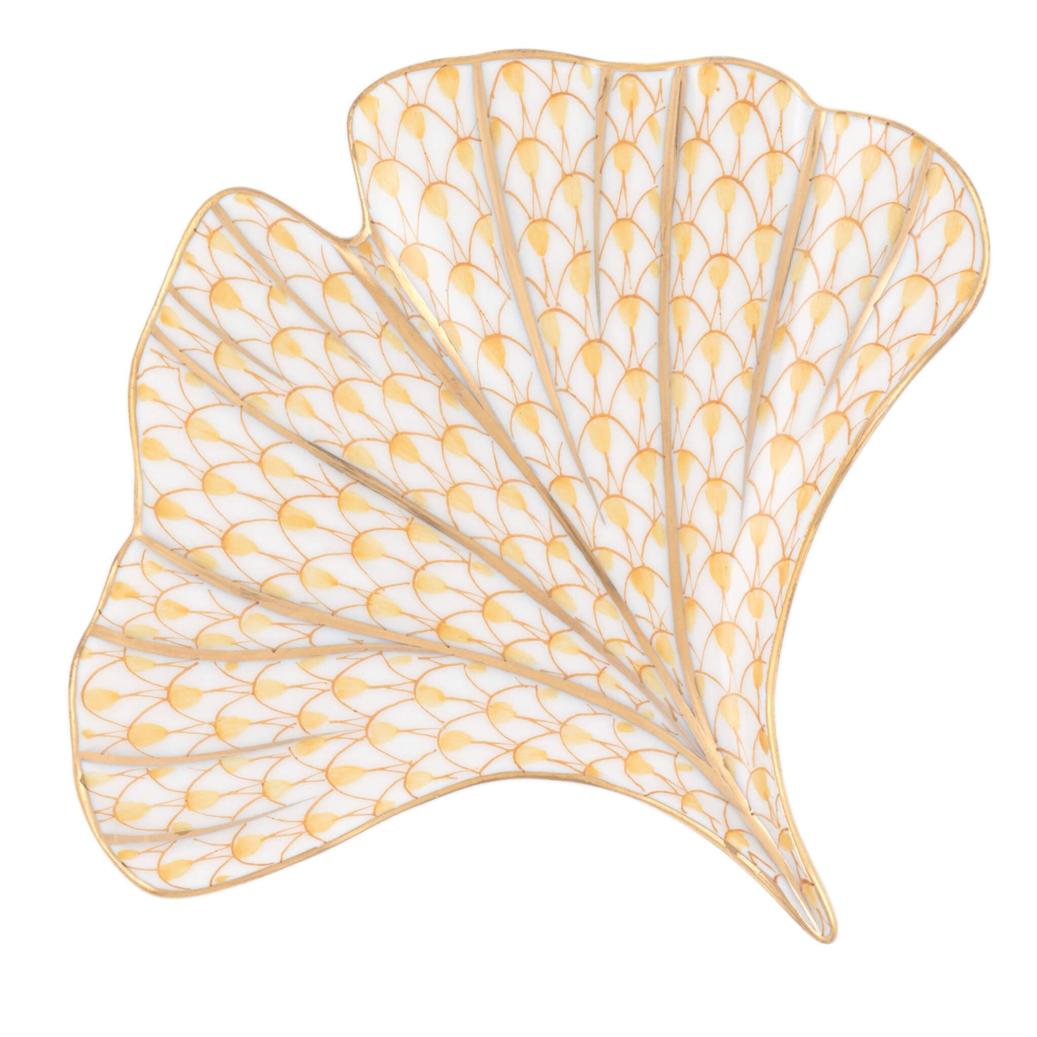 Herend Ginkgo Leaf figurine in Butterscotch with warm butterscotch yellow fishnet pattern with gold accents on a white background