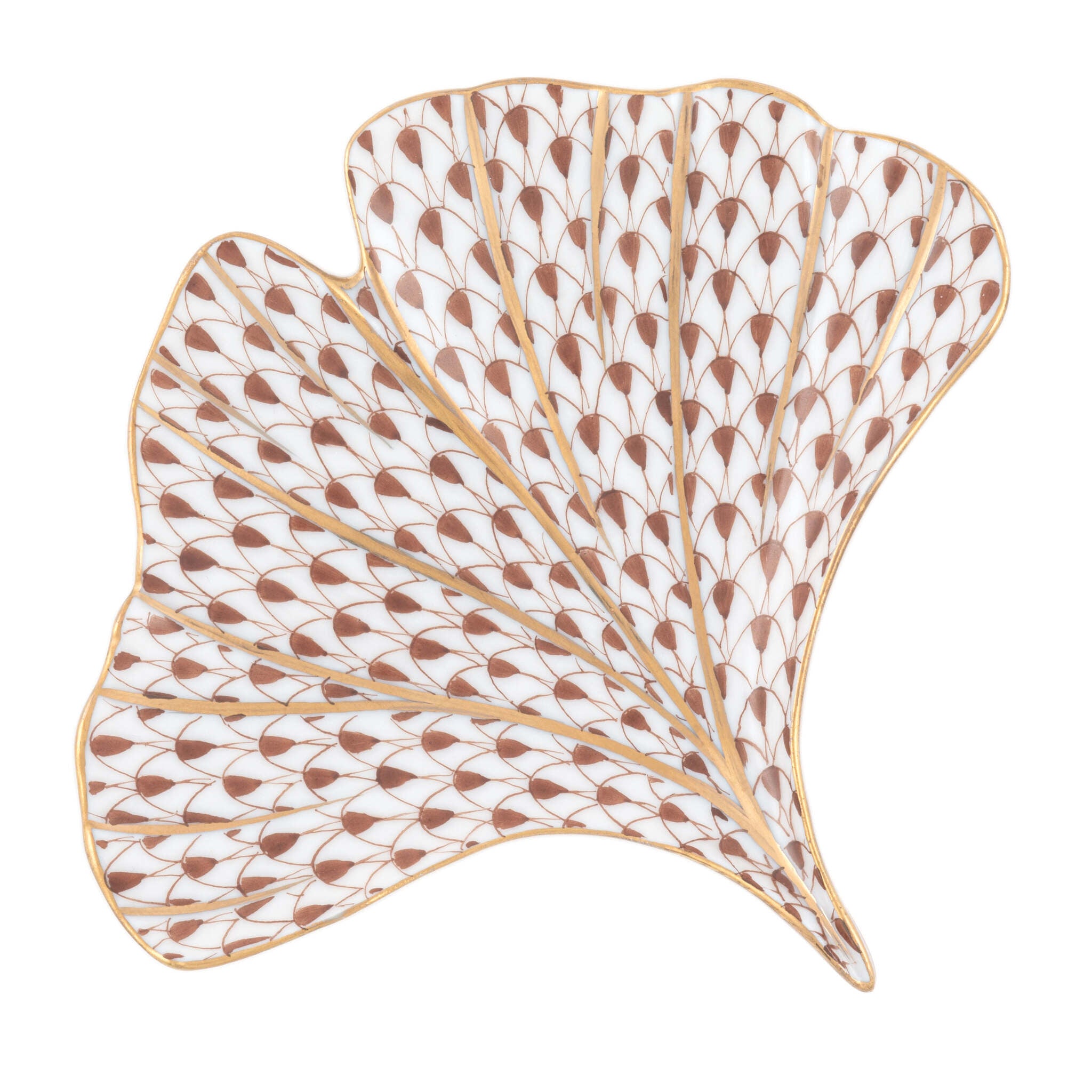 Chocolate fishnet Ginkgo Leaf Figurine figurine, hand-painted Herend porcelain with 24k gold accents