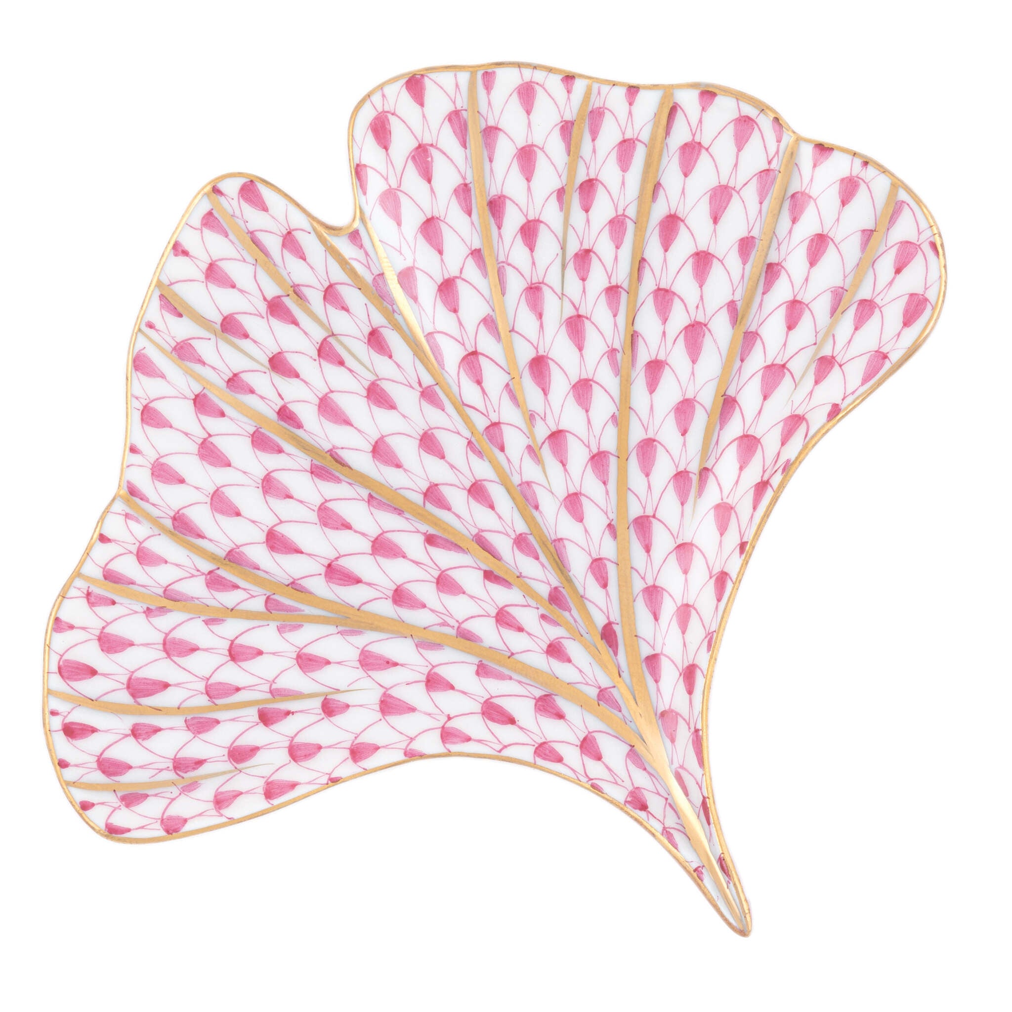 Raspberry fishnet Ginkgo Leaf Figurine figurine, hand-painted Herend porcelain with 24k gold accents