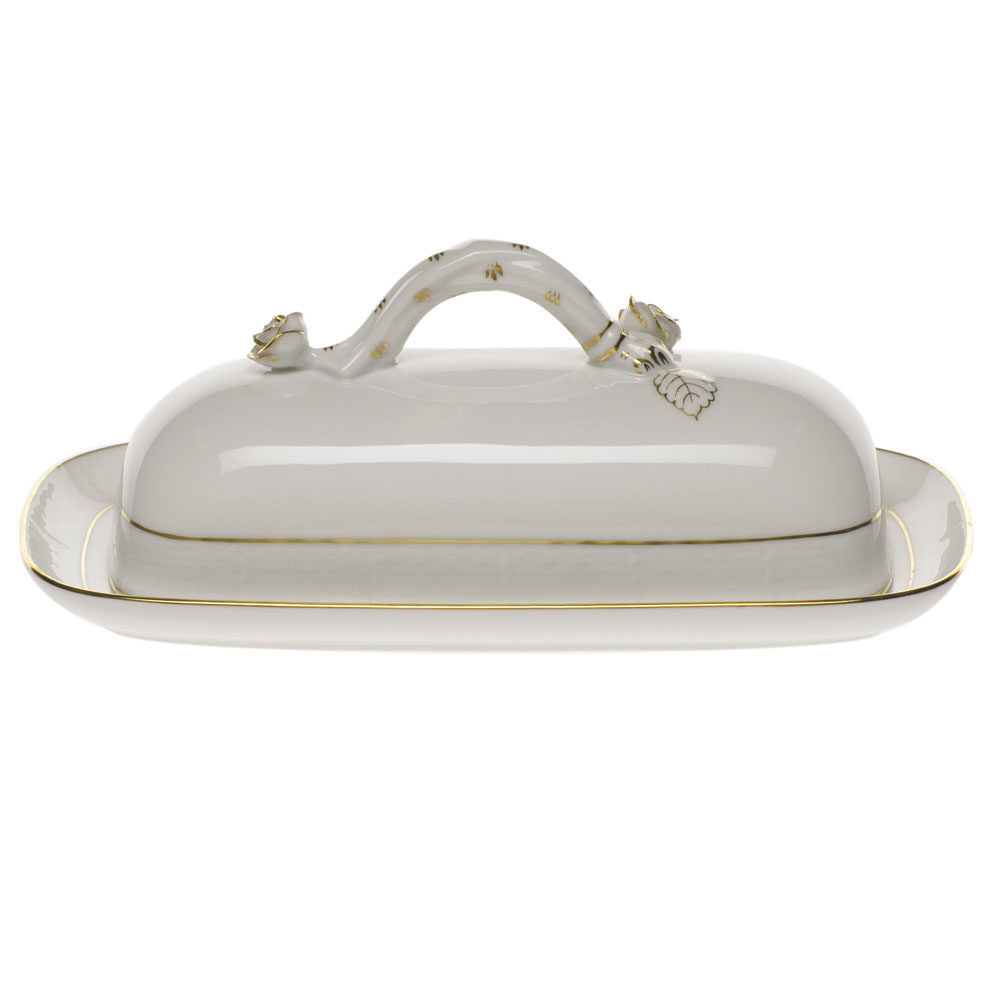 Hand-painted Herend Golden Edge Butter Dish with Branch in fine porcelain, 8.5in L, on a white background
