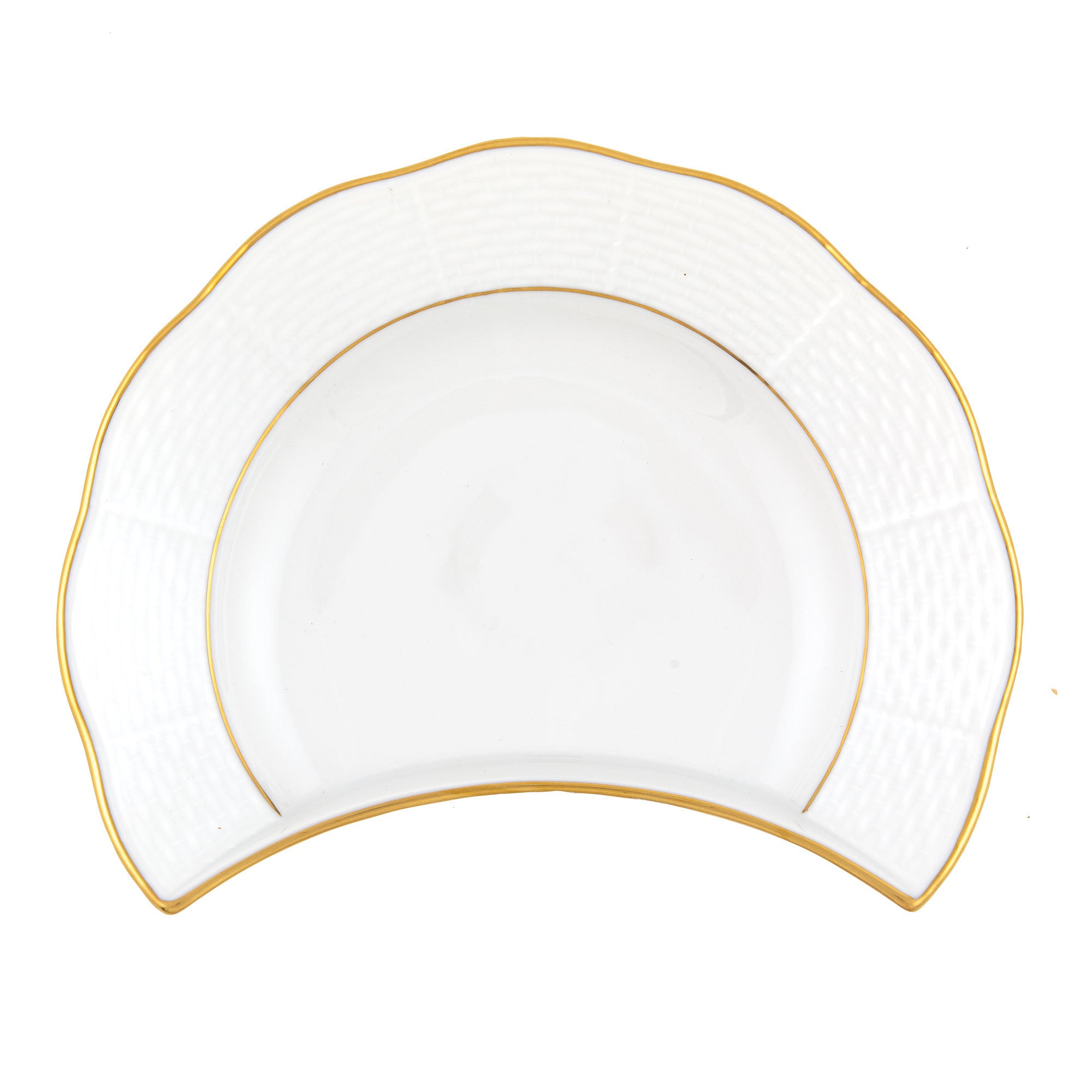 Hand-painted Herend Golden Edge Crescent Salad Salad Plate in fine porcelain, 7.25in L X 5in W, on a white background