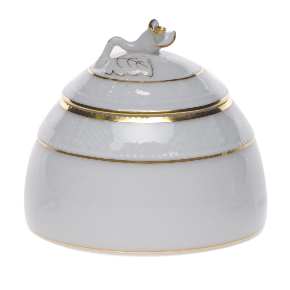 Hand-painted Herend Golden Edge Honey Pot with Rose in fine porcelain, 2.5in H, on a white background
