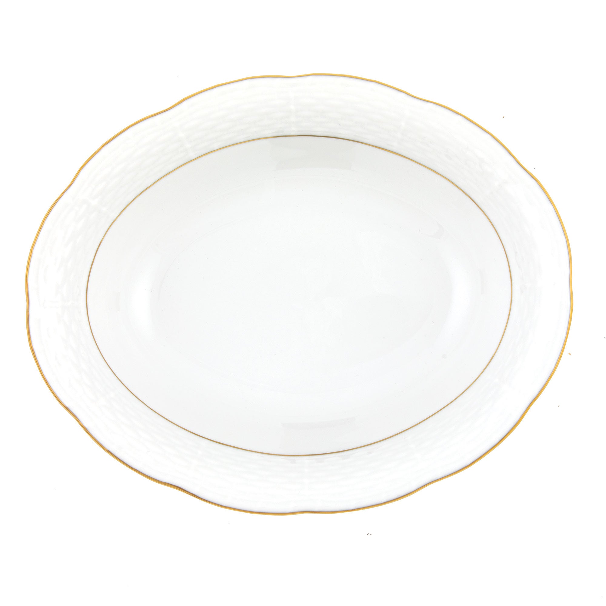 Hand-painted Herend Golden Edge Oval Vegetable Dish Serving Bowl in fine porcelain, 10in L X 8in W, on a white background