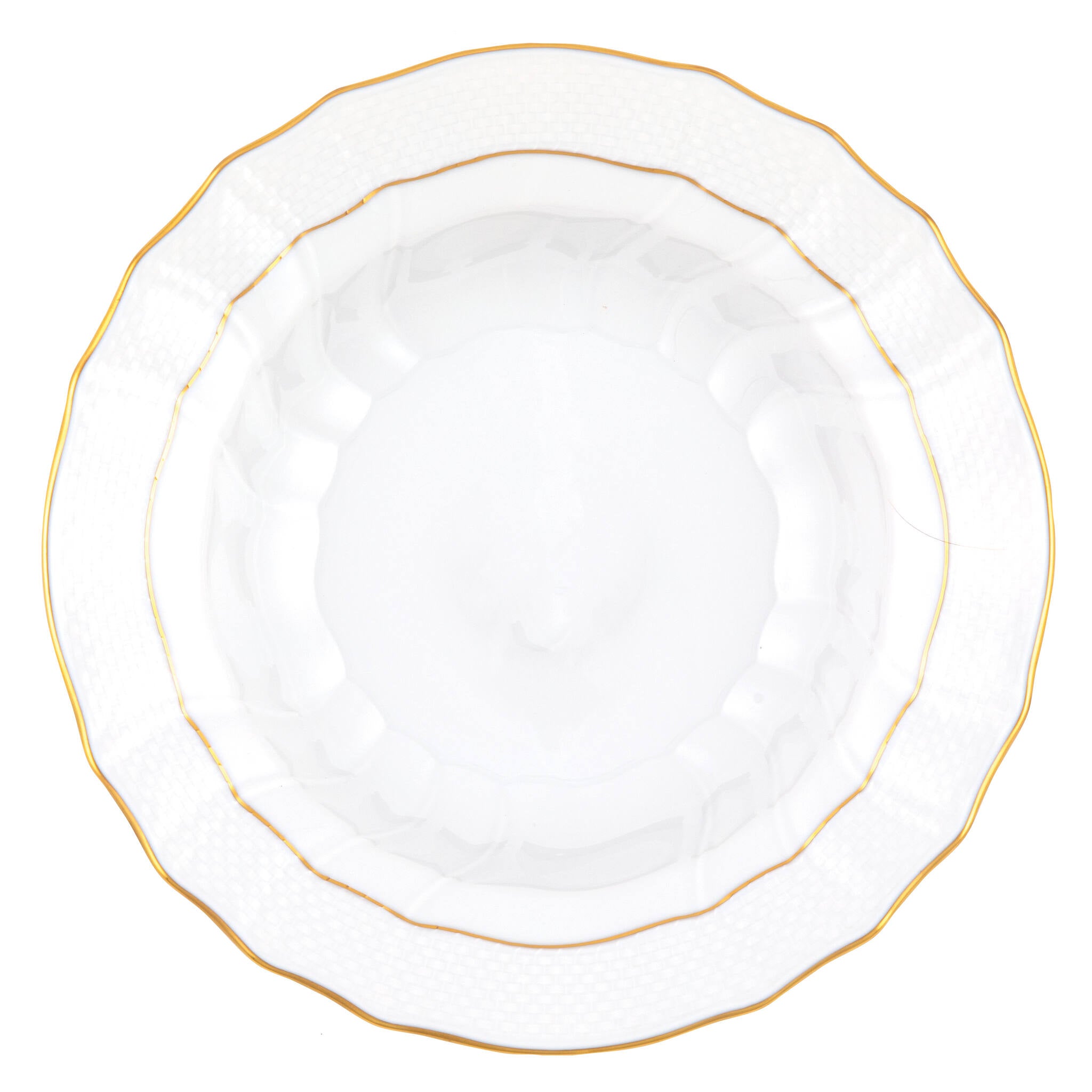 Hand-painted Herend Golden Edge Rim Soup Soup Plates & Rimmed Soup Bowl in fine porcelain, 9.5in D, on a white background