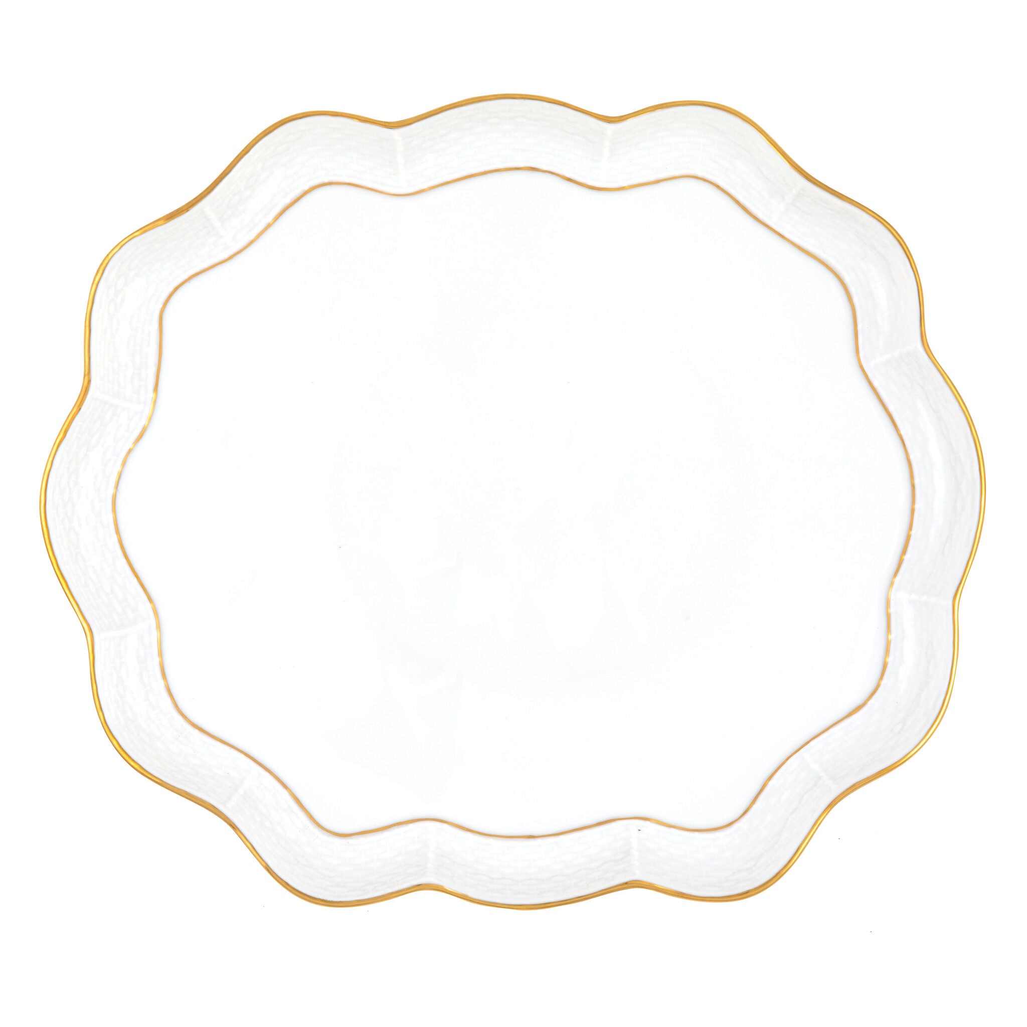 Hand-painted Herend Golden Edge Scallop Tray in fine porcelain, 11.25in L X 9.5in W, on a white background