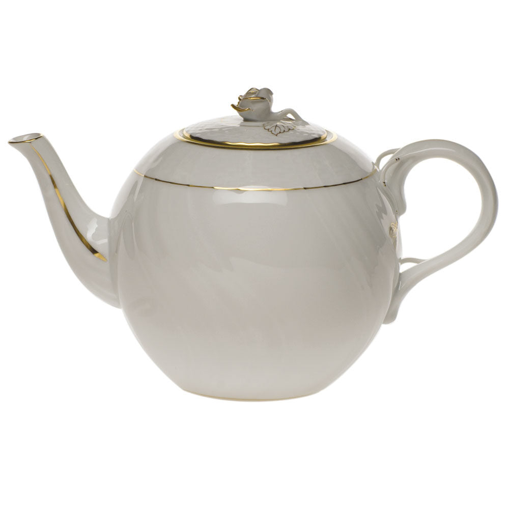Hand-painted Herend Golden Edge Tea Pot with Rose Teapot in fine porcelain, (60 OZ) 6.5in H, on a white background