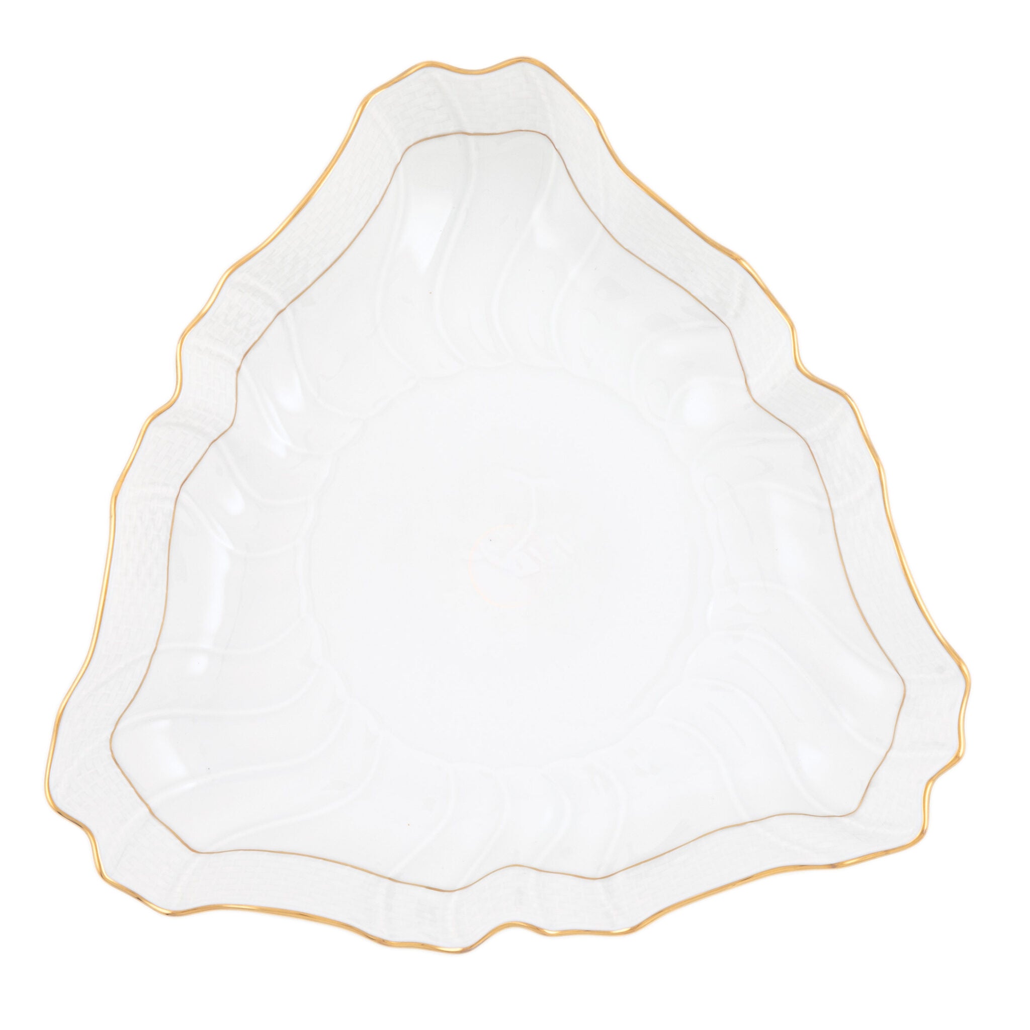 Hand-painted Herend Golden Edge Triangle Dish in fine porcelain, 9.5in L, on a white background