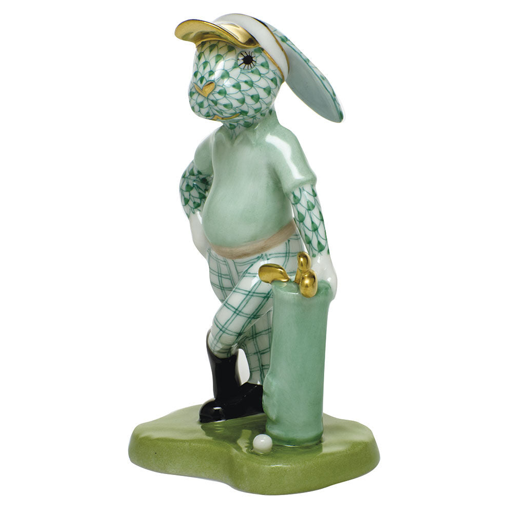 Golf Bunny Figurine in hand-painted Green porcelain by Herend of Hungary