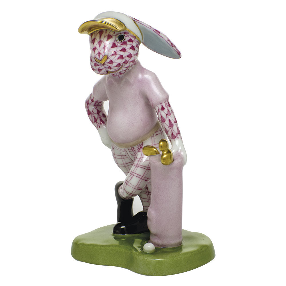 Golf Bunny Figurine in hand-painted Raspberry porcelain by Herend of Hungary