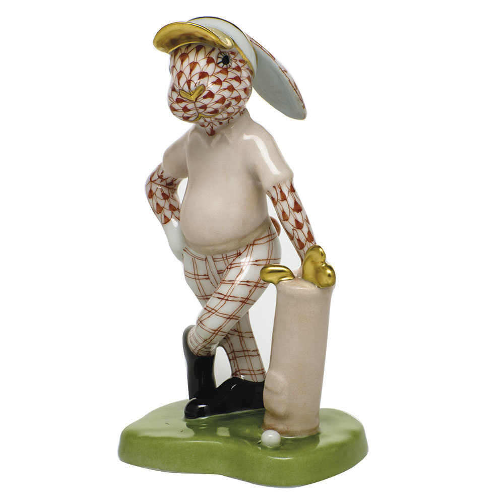 Golf Bunny Figurine in hand-painted Rust porcelain by Herend of Hungary