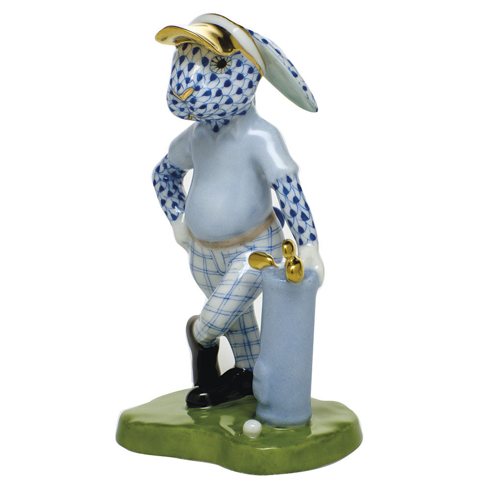 Herend Golf Bunny Figurine porcelain figurine painted in the Sapphire fishnet pattern