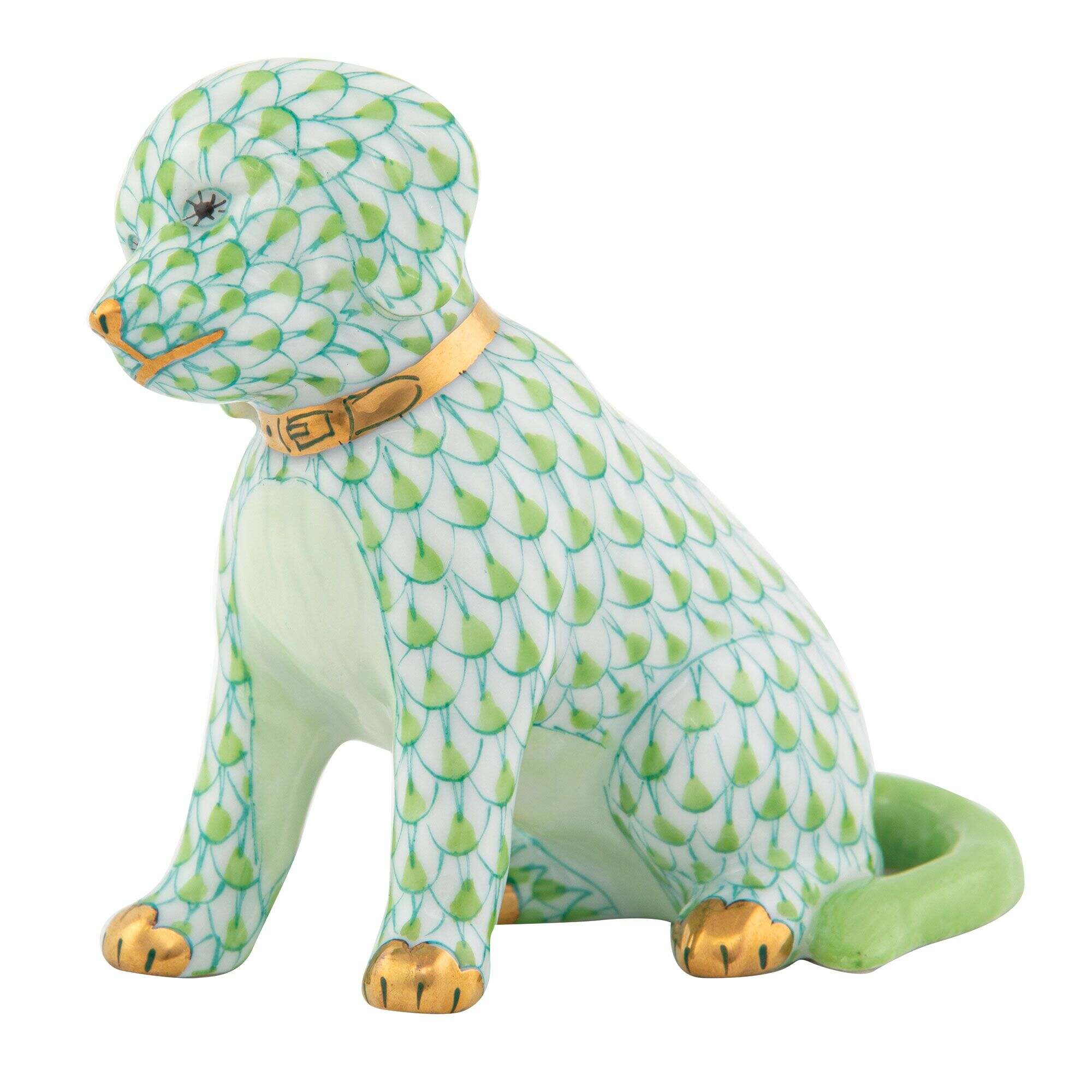 Hand-painted Herend Good Dog Figurine in Key Lime fishnet porcelain on a white background