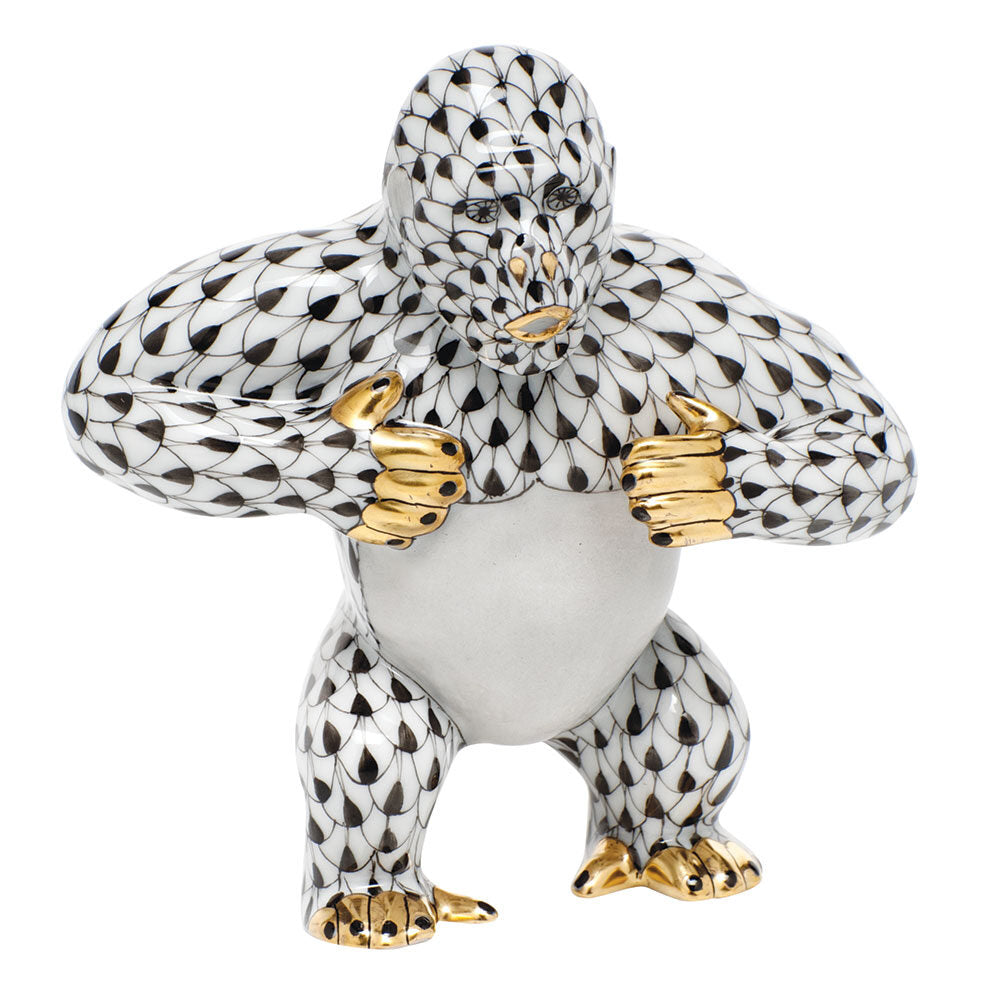 Hand-painted Herend Gorilla Figurine in fine porcelain, 2in L X 3.75in H, on a white background