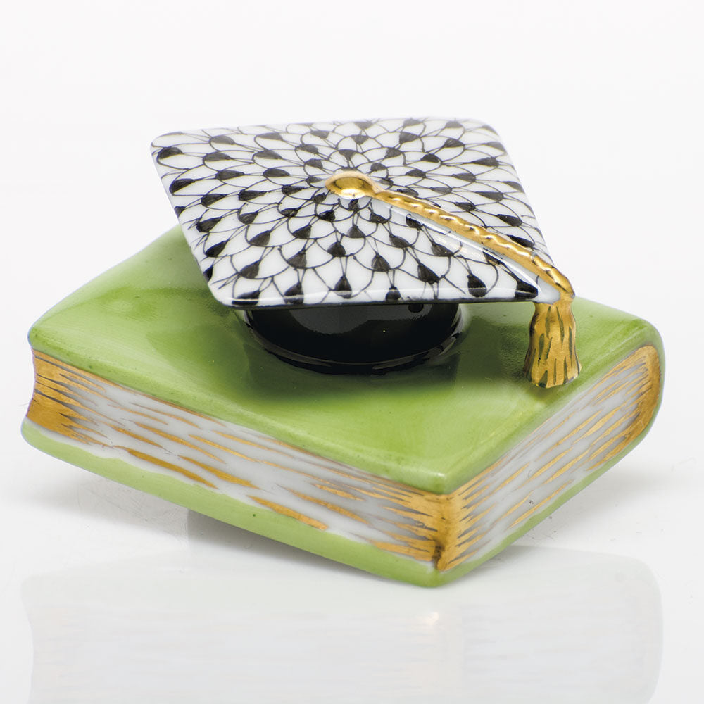 Black-Key Lime fishnet Graduation Cap Figurine figurine, hand-painted Herend porcelain with 24k gold accents