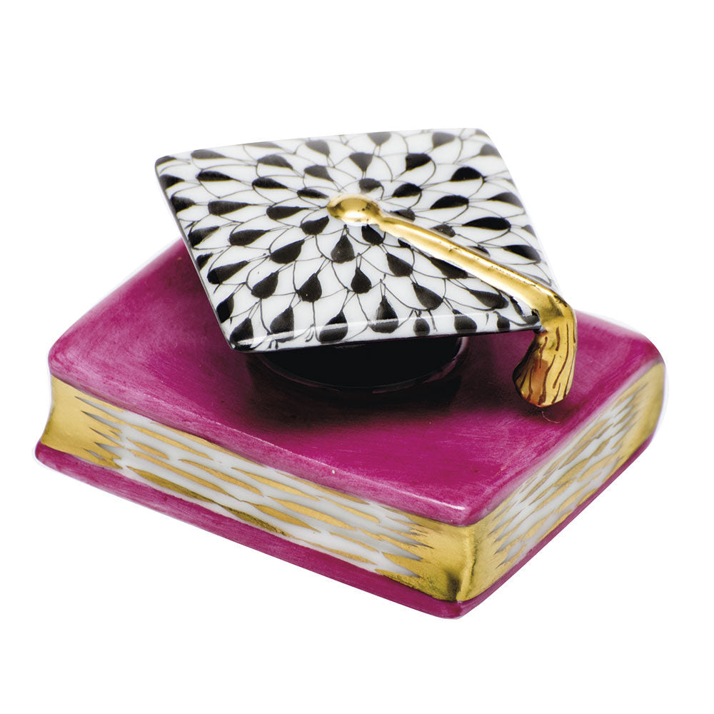 Herend Graduation Cap Figurine porcelain figurine painted in the Black-Pink fishnet pattern
