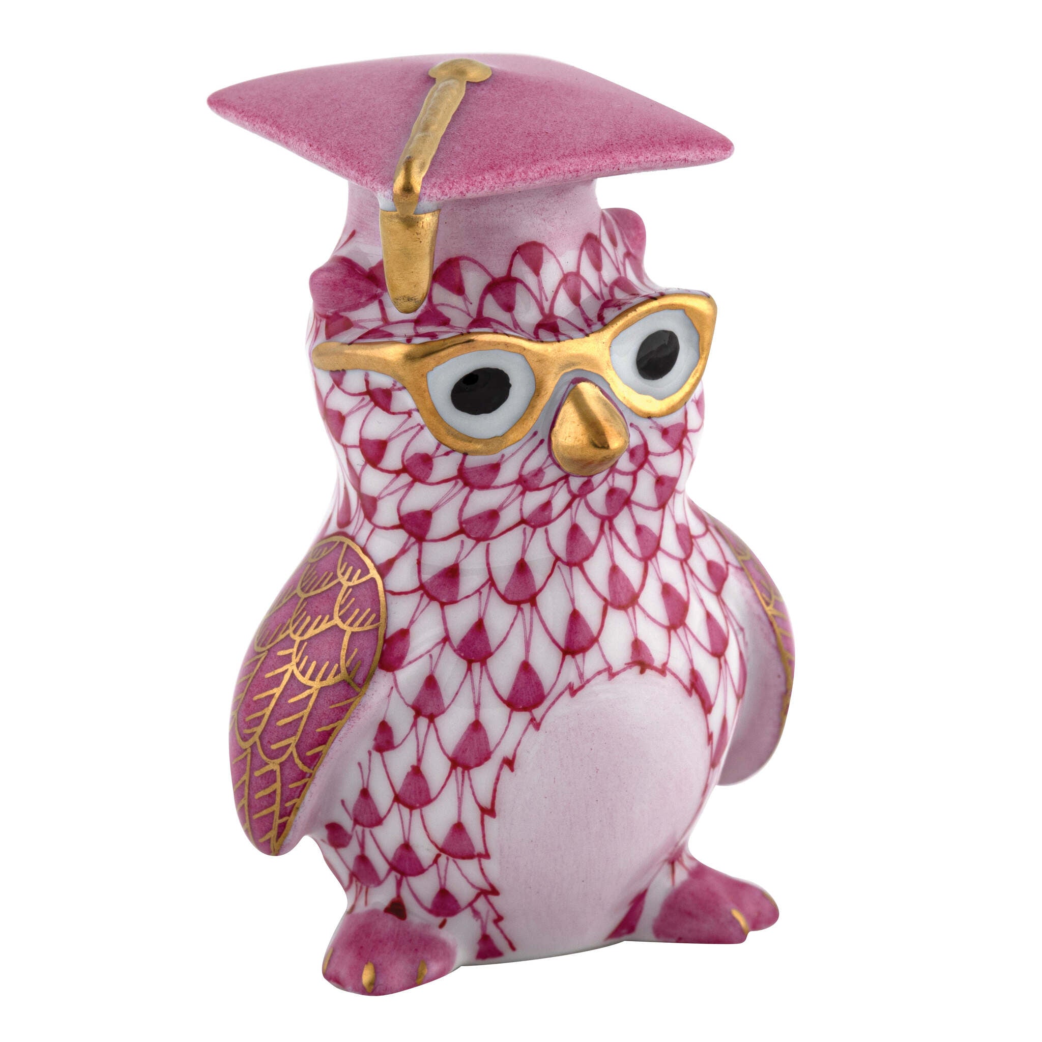 Herend Graduation Owl Figurine porcelain figurine painted in the Raspberry fishnet pattern