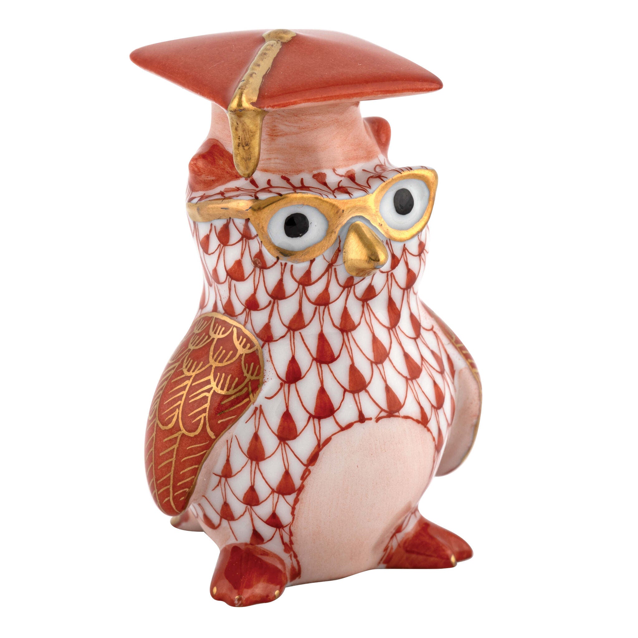 Graduation Owl Figurine in hand-painted Rust porcelain by Herend of Hungary