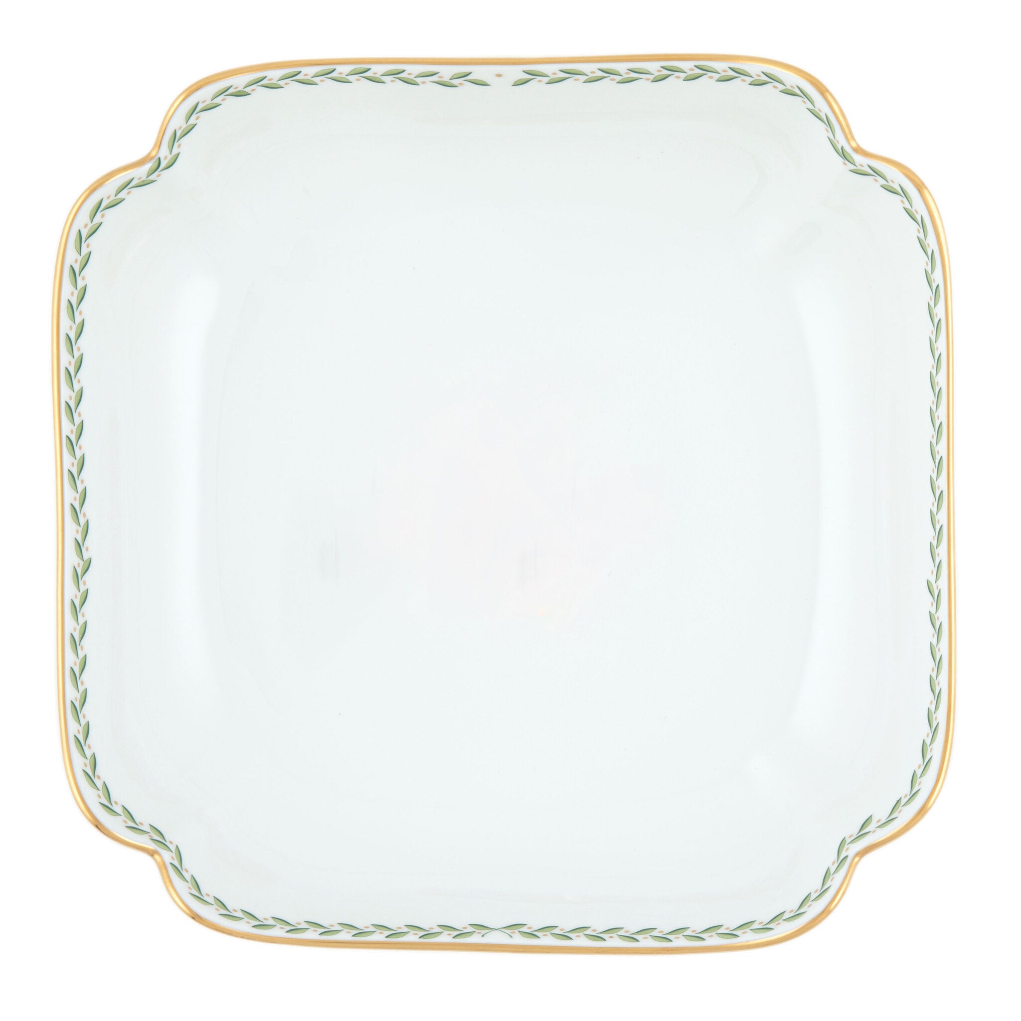 Hand-painted Herend Green Laurel Square Fruit Dish in fine porcelain, 11in SQ, on a white background
