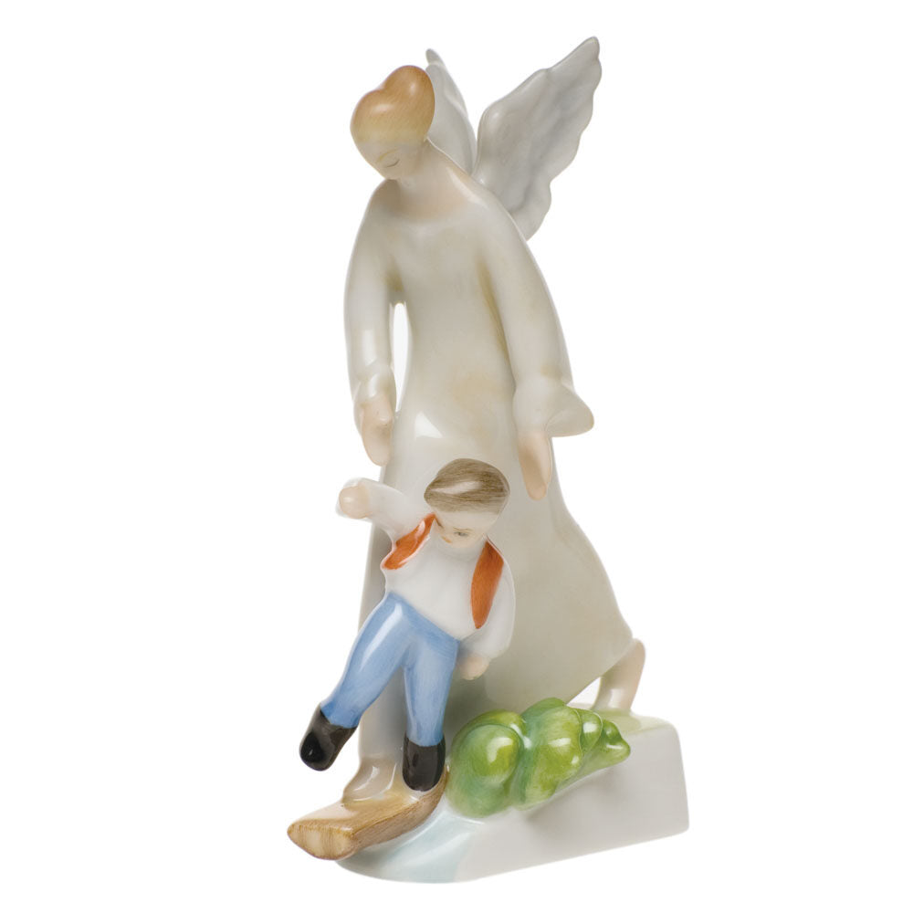 Hand-painted Herend Guardian Angel Figurine in fine porcelain, 5in H, on a white background