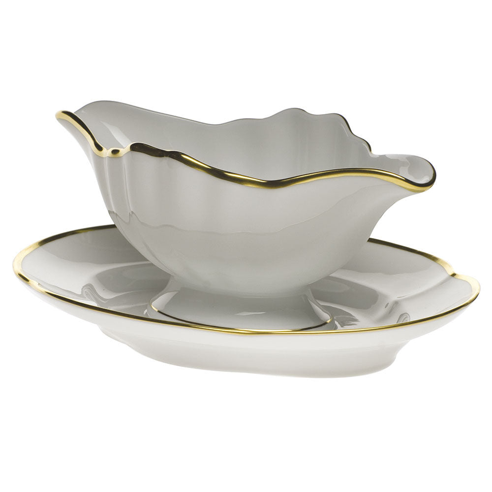 Hand-painted Herend Gwendolyn Gravy Boat with Fixed Stand in fine porcelain, 10in L, on a white background