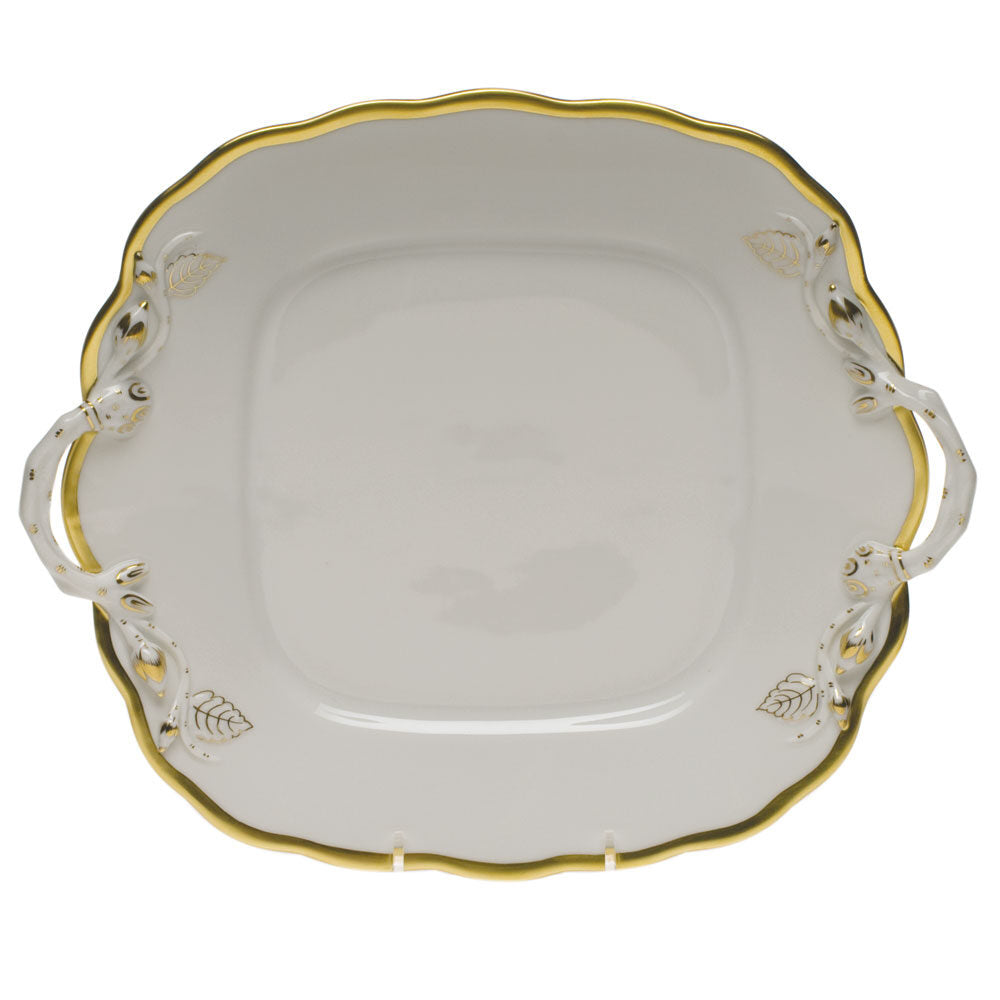 Hand-painted Herend Gwendolyn Square Cake Plate with Handles in fine porcelain, 9.5in SQ, on a white background