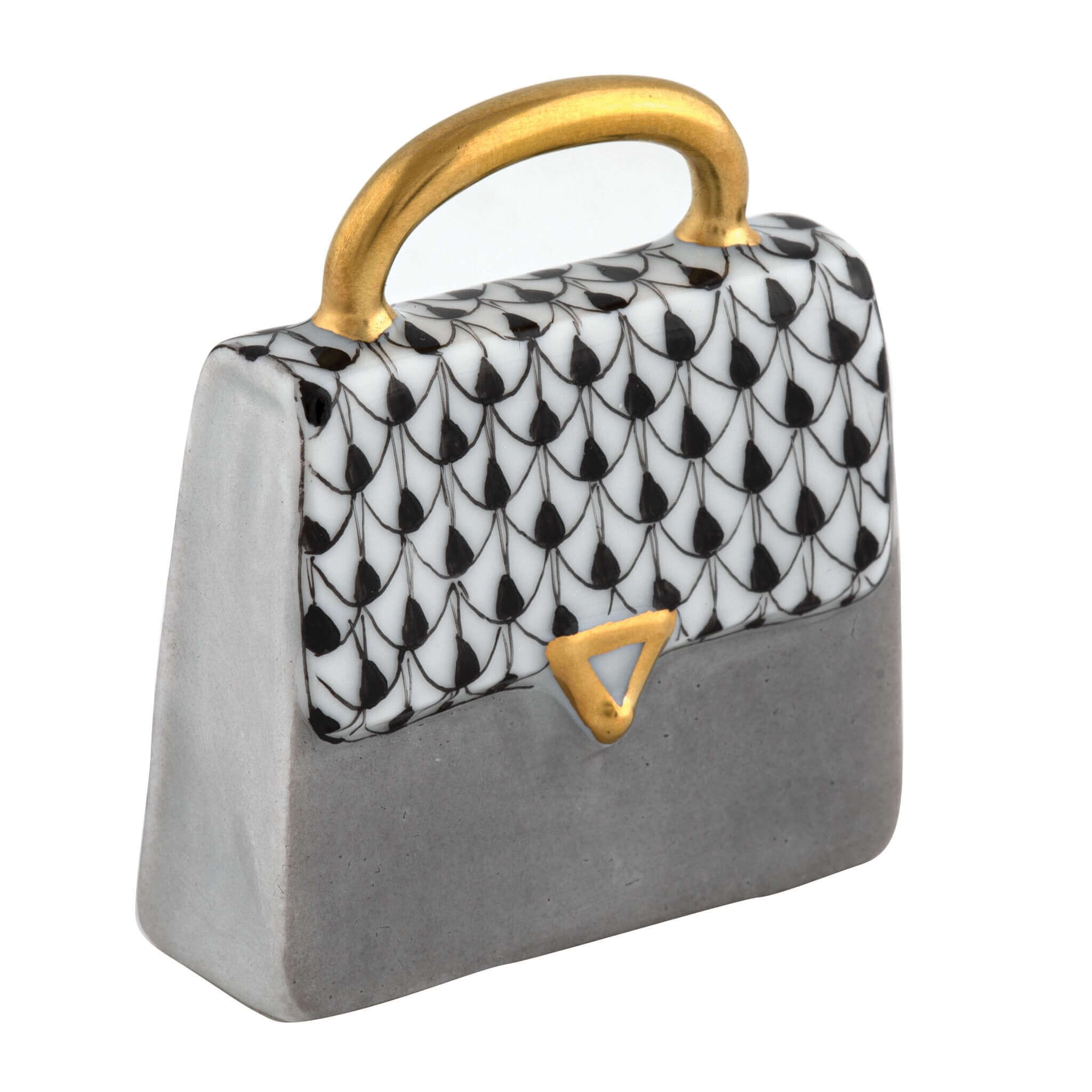 Herend Handbag figurine in Black with black fishnet pattern with gold accents on a white background