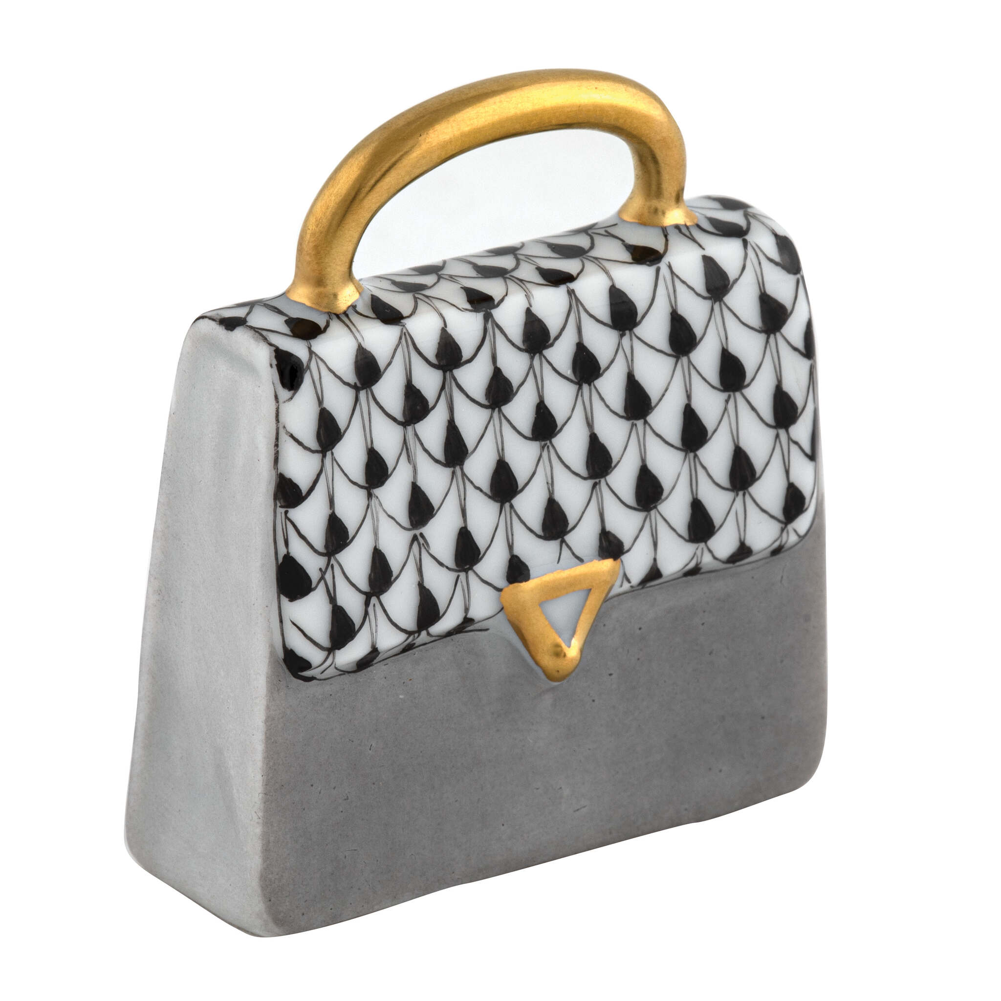 Herend Handbag Figurine porcelain figurine painted in the Black fishnet pattern