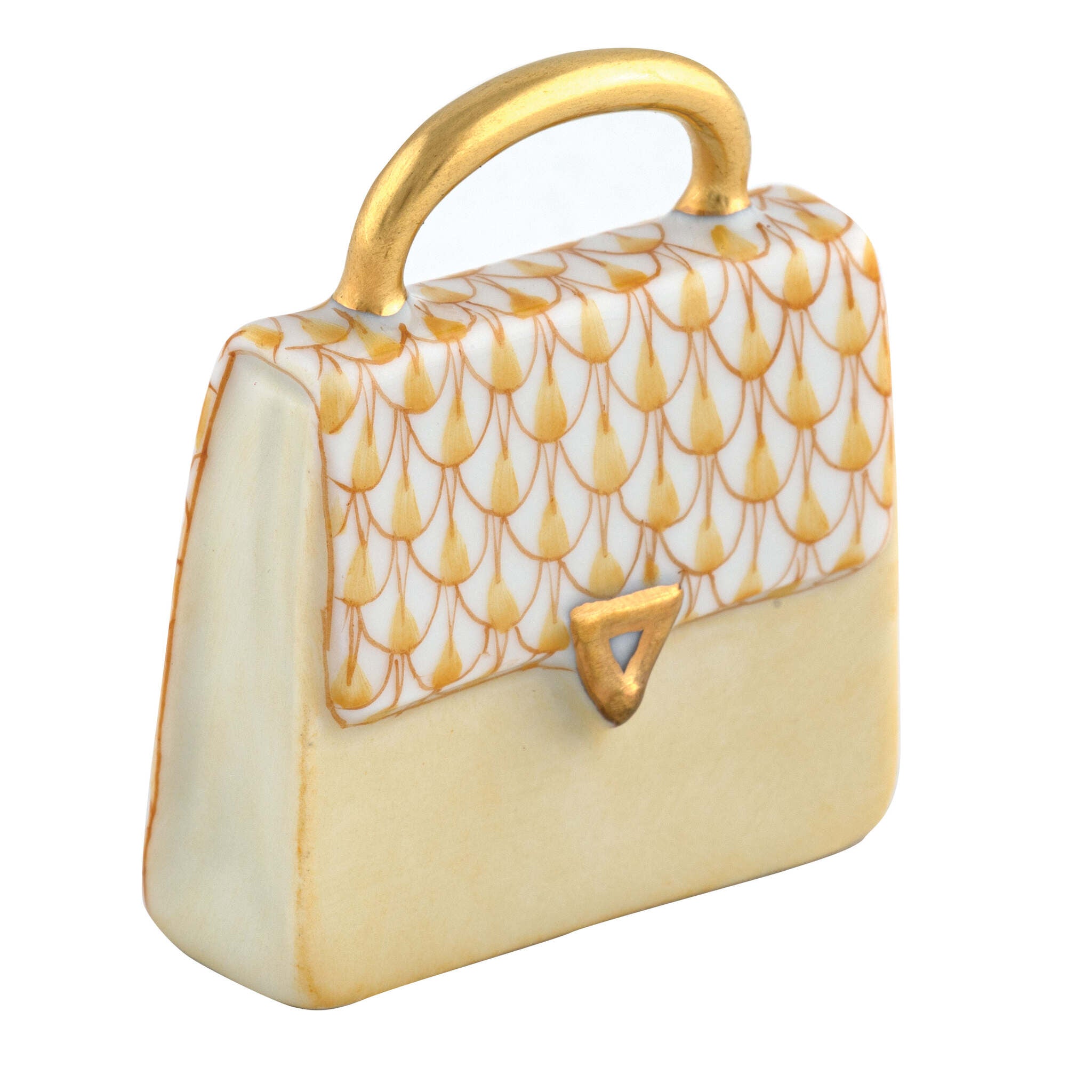 Hand-painted Herend Handbag Figurine in Butterscotch fishnet porcelain on a white background