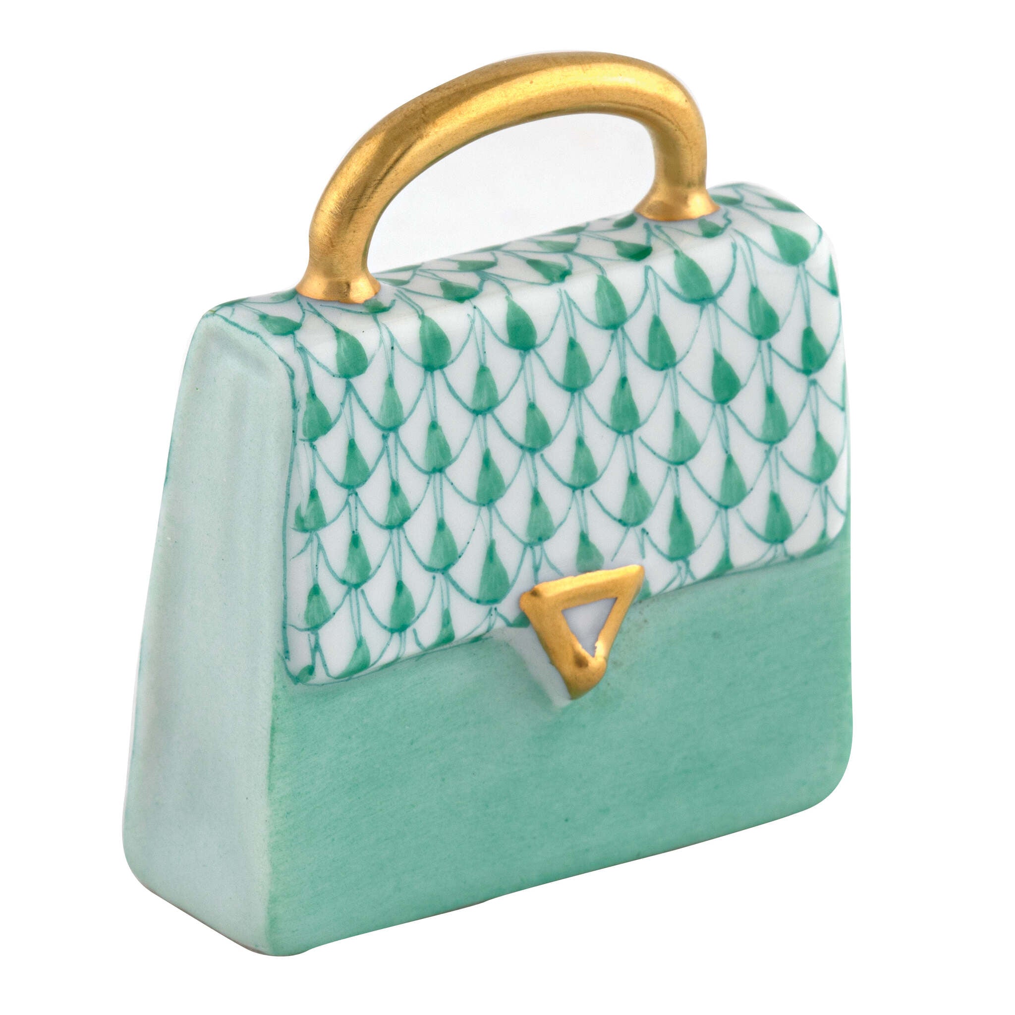 Green fishnet Handbag Figurine figurine, hand-painted Herend porcelain with 24k gold accents