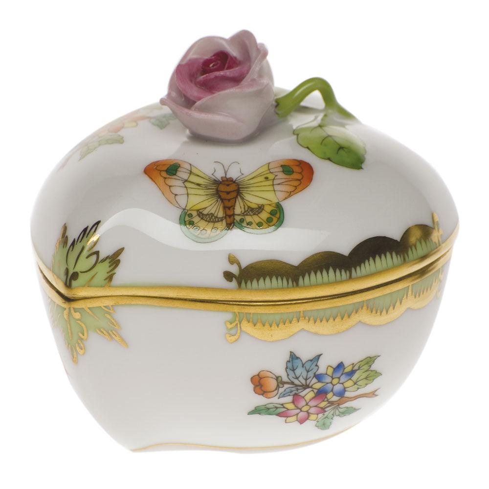 Hand-painted Herend Heart Bonbon with Rose Candy Dish in fine porcelain, 3in L X 2in H, on a white background
