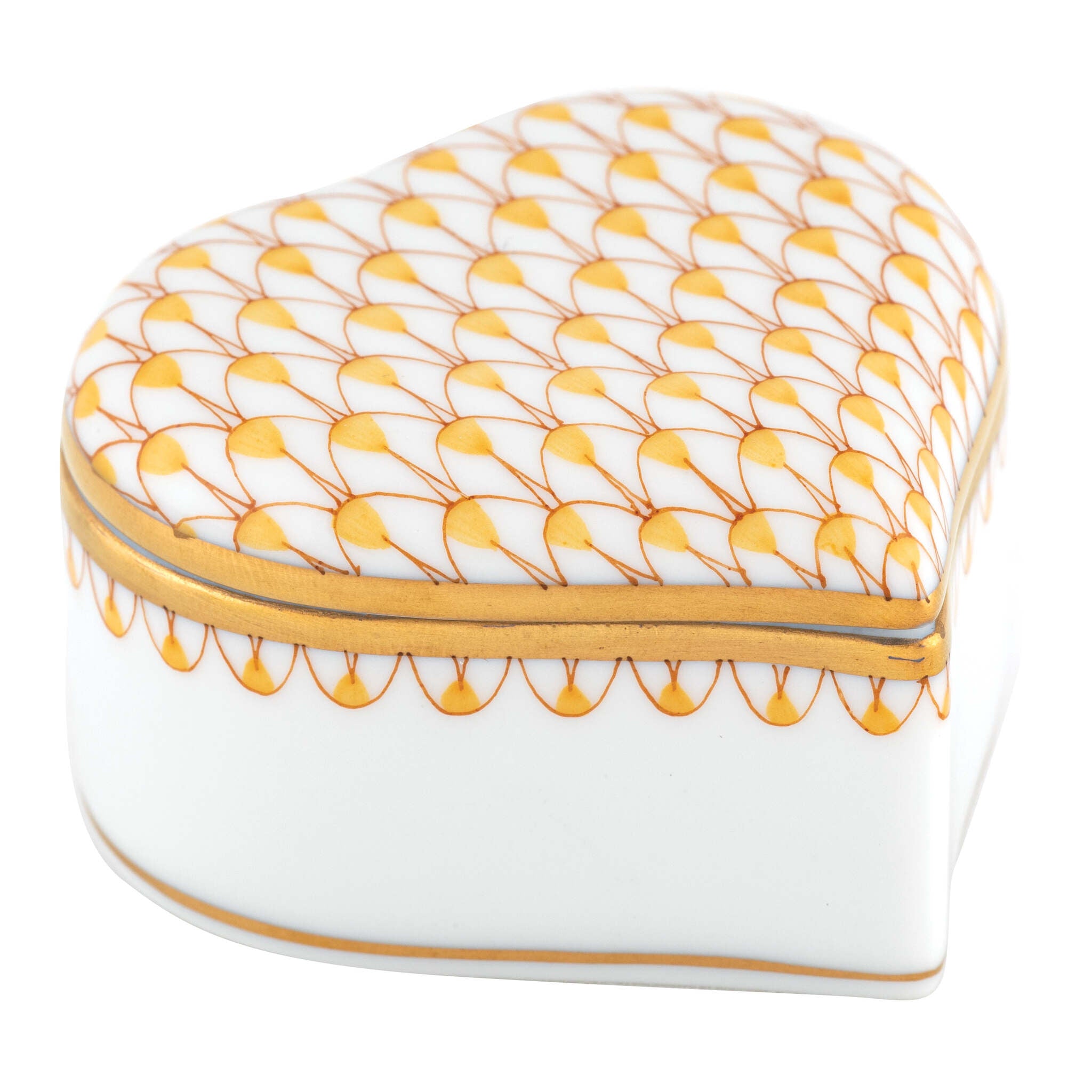 Hand-painted Herend Heart Box in Butterscotch fishnet porcelain on a white background
