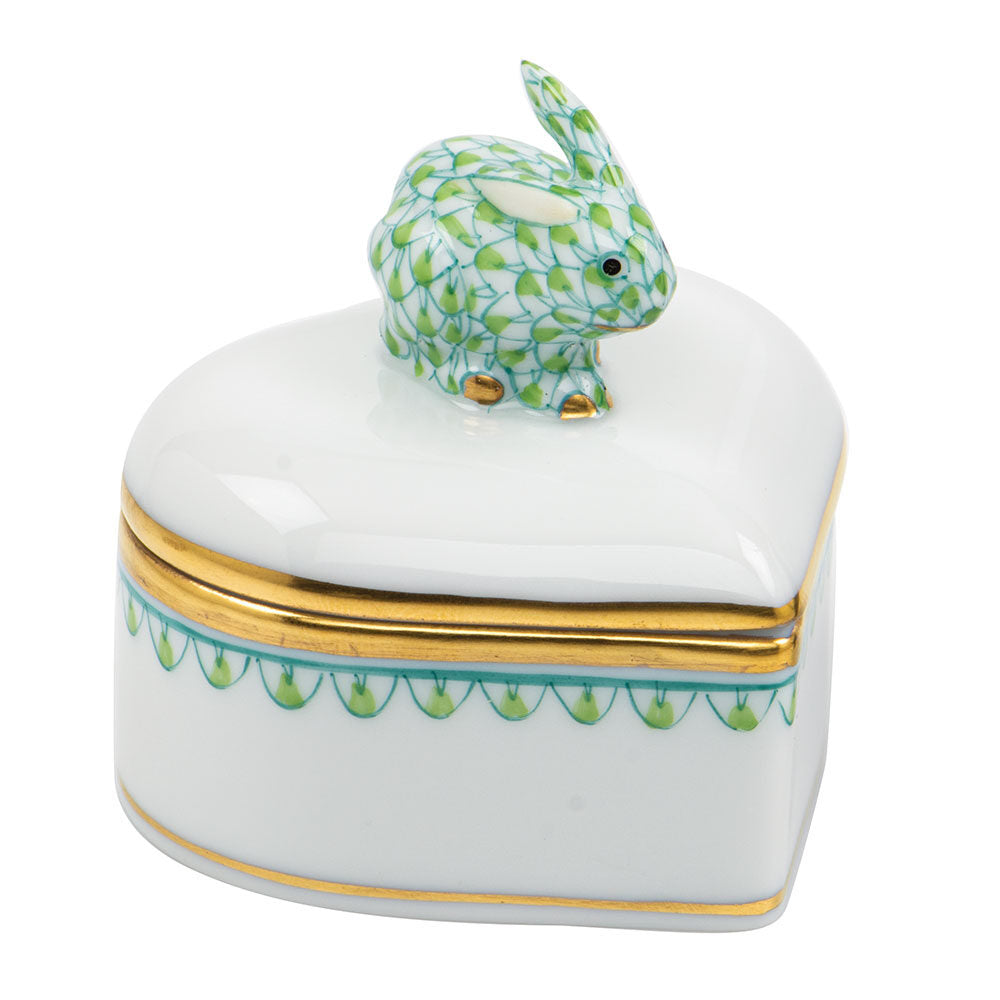 Key Lime fishnet Heart Box with Bunny figurine, hand-painted Herend porcelain with 24k gold accents
