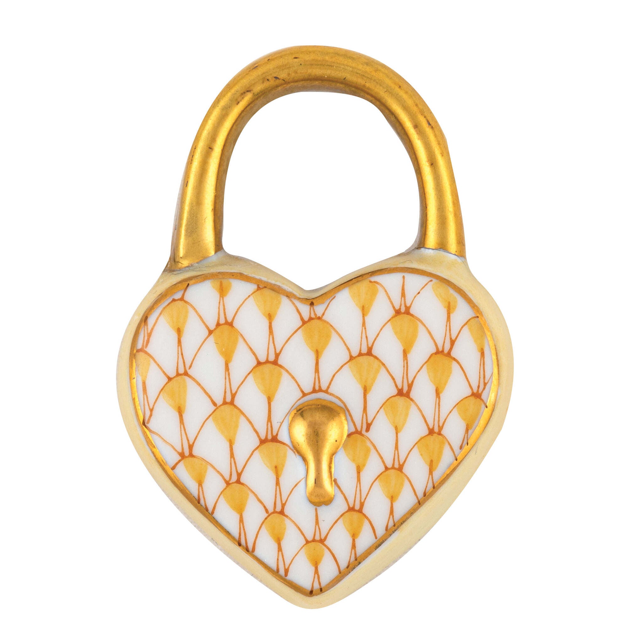 Hand-painted Herend Heart Lock Figurine in Butterscotch fishnet porcelain on a white background